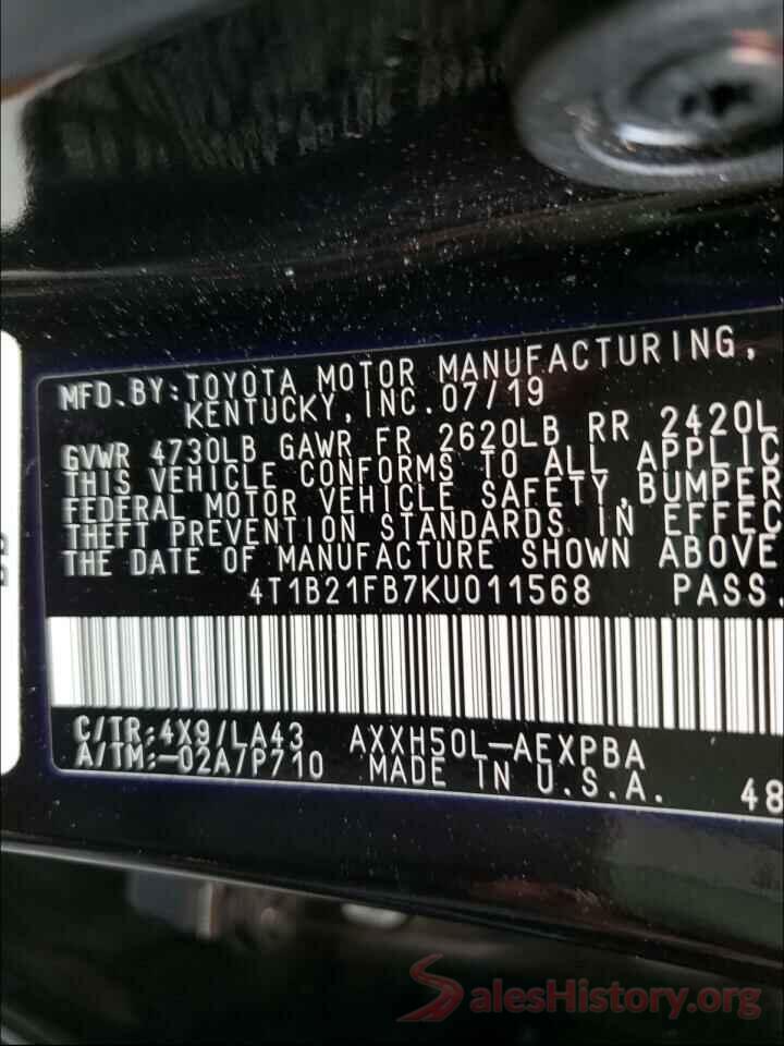 4T1B21FB7KU011568 2019 TOYOTA AVALON