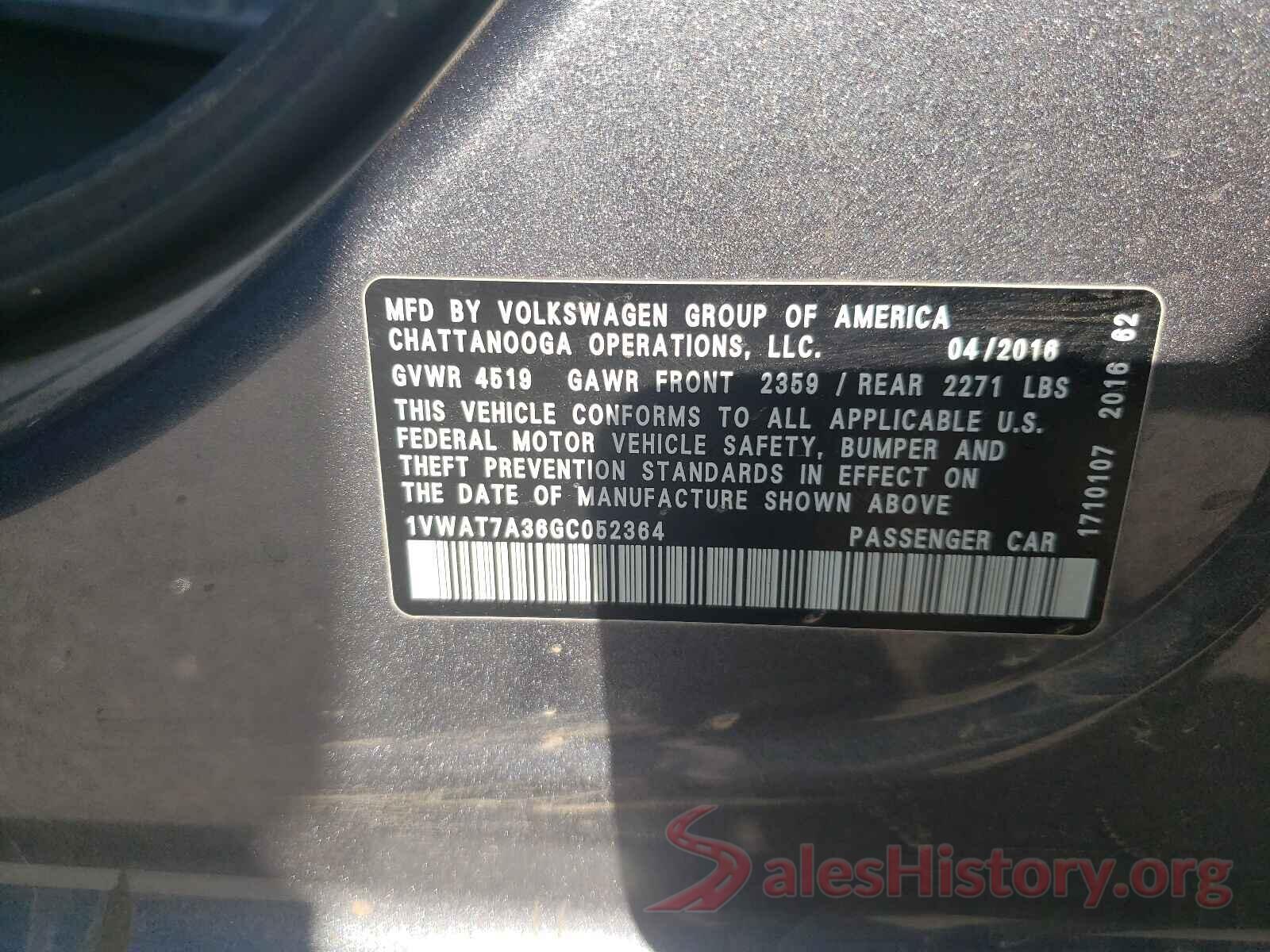 1VWAT7A36GC052364 2016 VOLKSWAGEN PASSAT