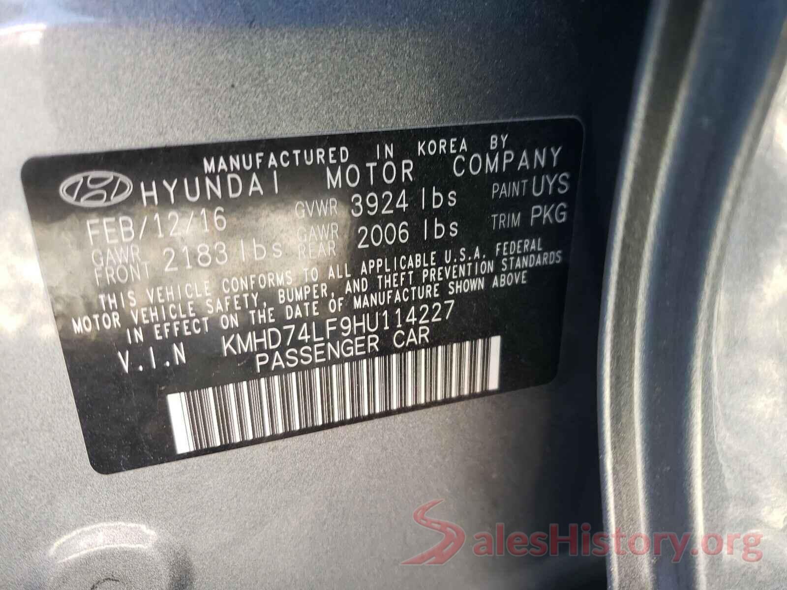 KMHD74LF9HU114227 2017 HYUNDAI ELANTRA