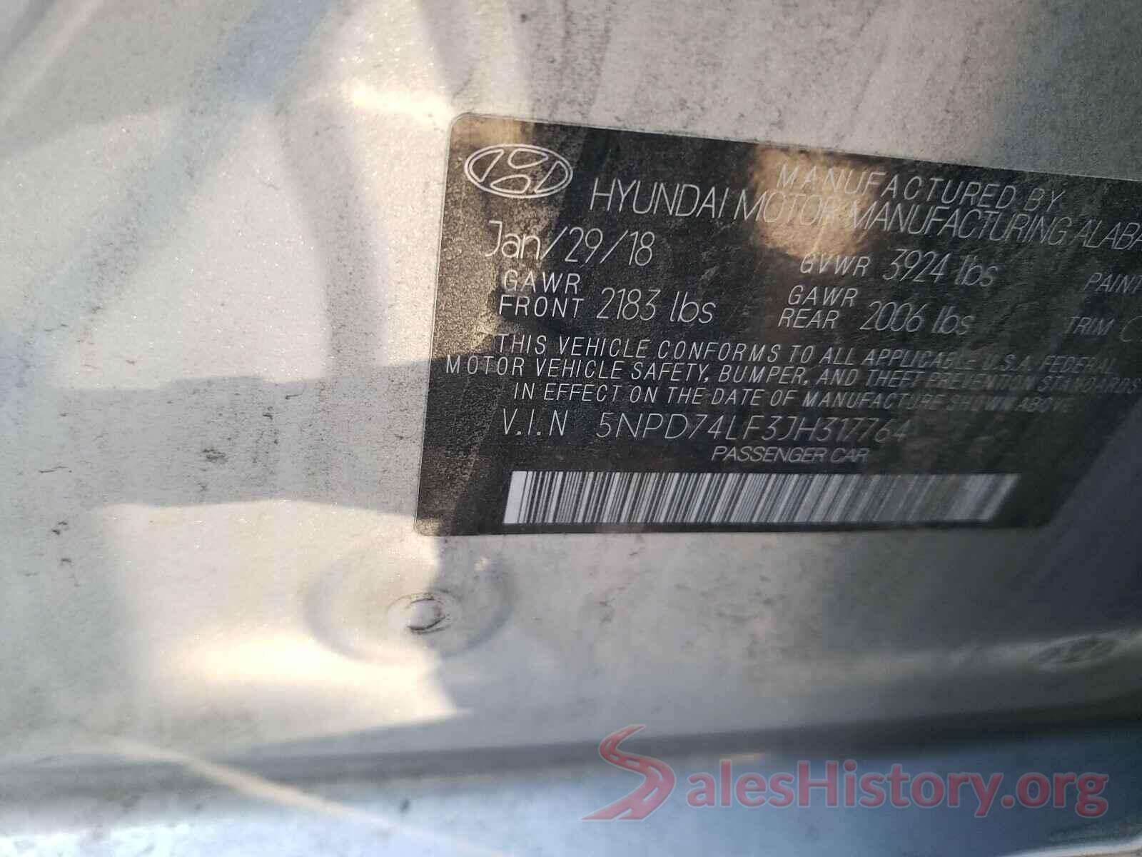 5NPD74LF3JH317764 2018 HYUNDAI ELANTRA