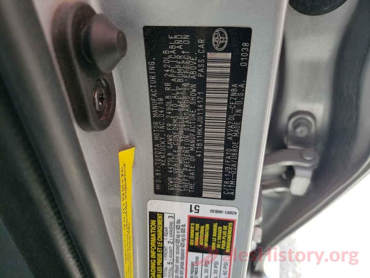 4T1B11HK4JU114171 2018 TOYOTA CAMRY