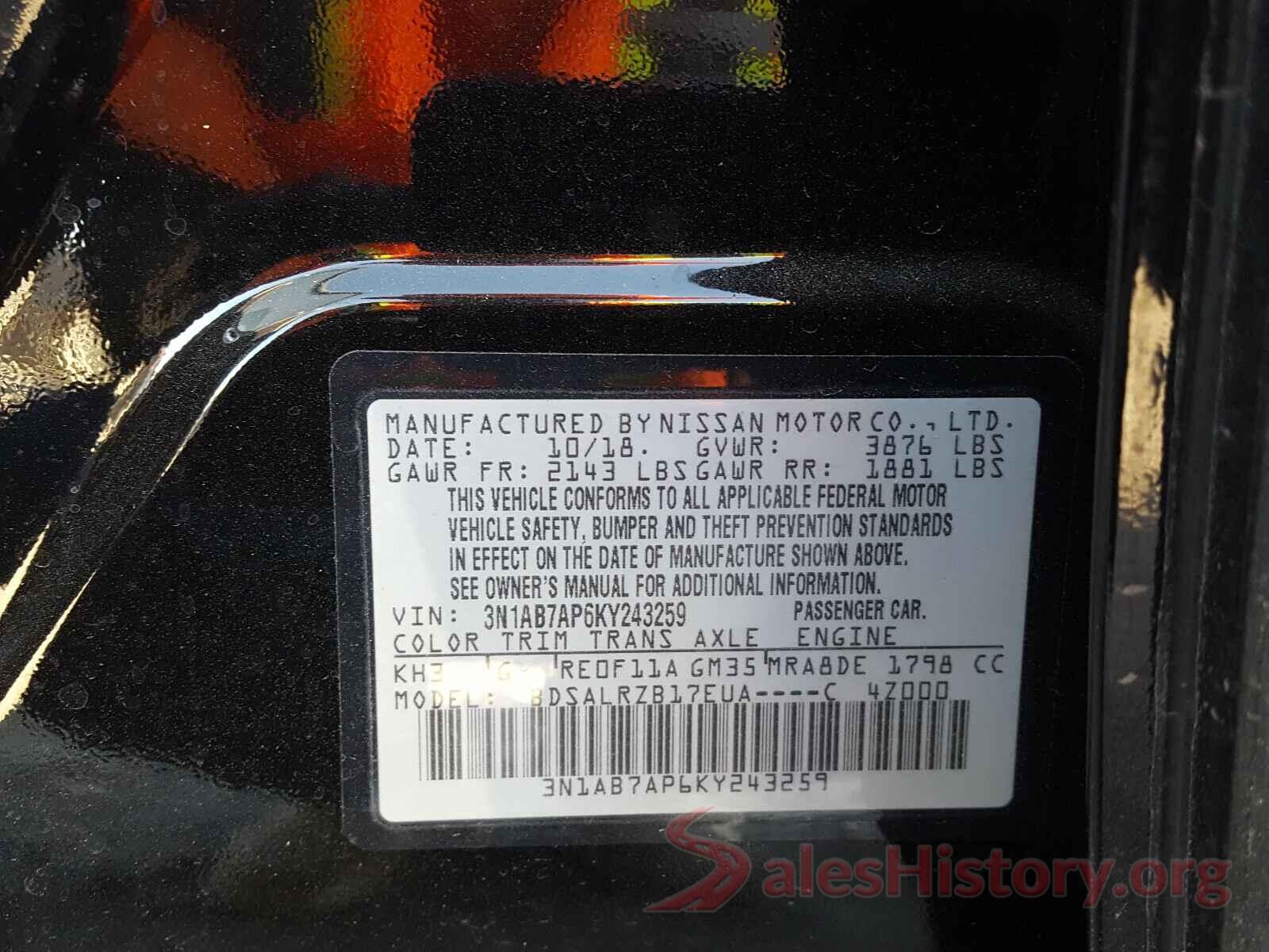 3N1AB7AP6KY243259 2019 NISSAN SENTRA