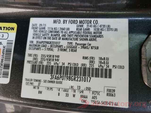 3FA6P0T98GR231017 2016 FORD FUSION