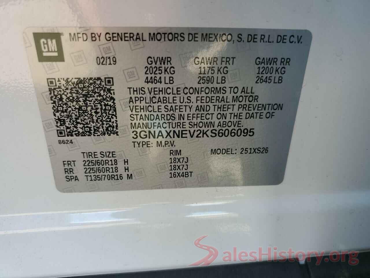 3GNAXNEV2KS606095 2019 CHEVROLET EQUINOX