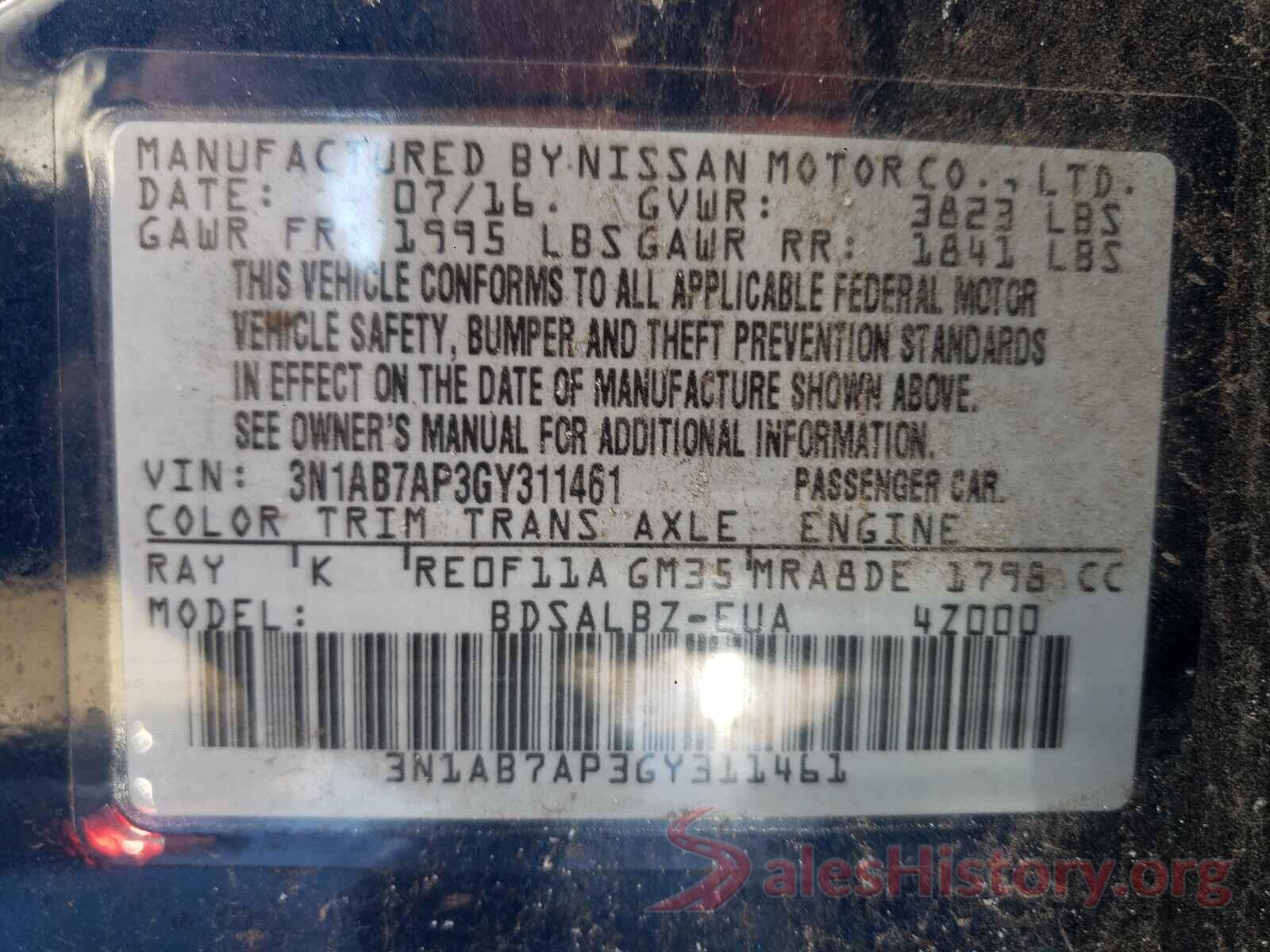 3N1AB7AP3GY311461 2016 NISSAN SENTRA