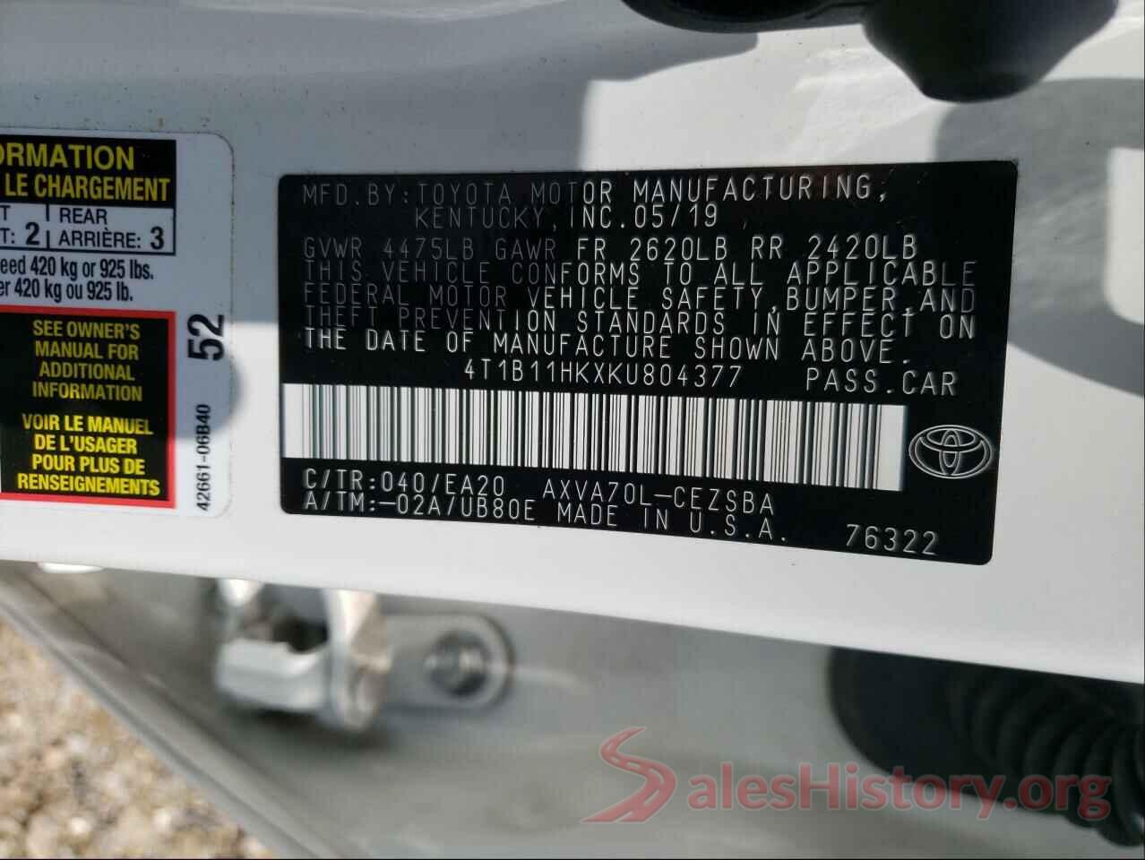 4T1B11HKXKU804377 2019 TOYOTA CAMRY