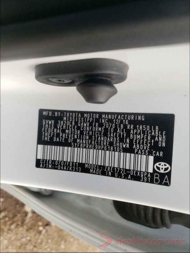 5YFBPRHE9HP618105 2017 TOYOTA COROLLA