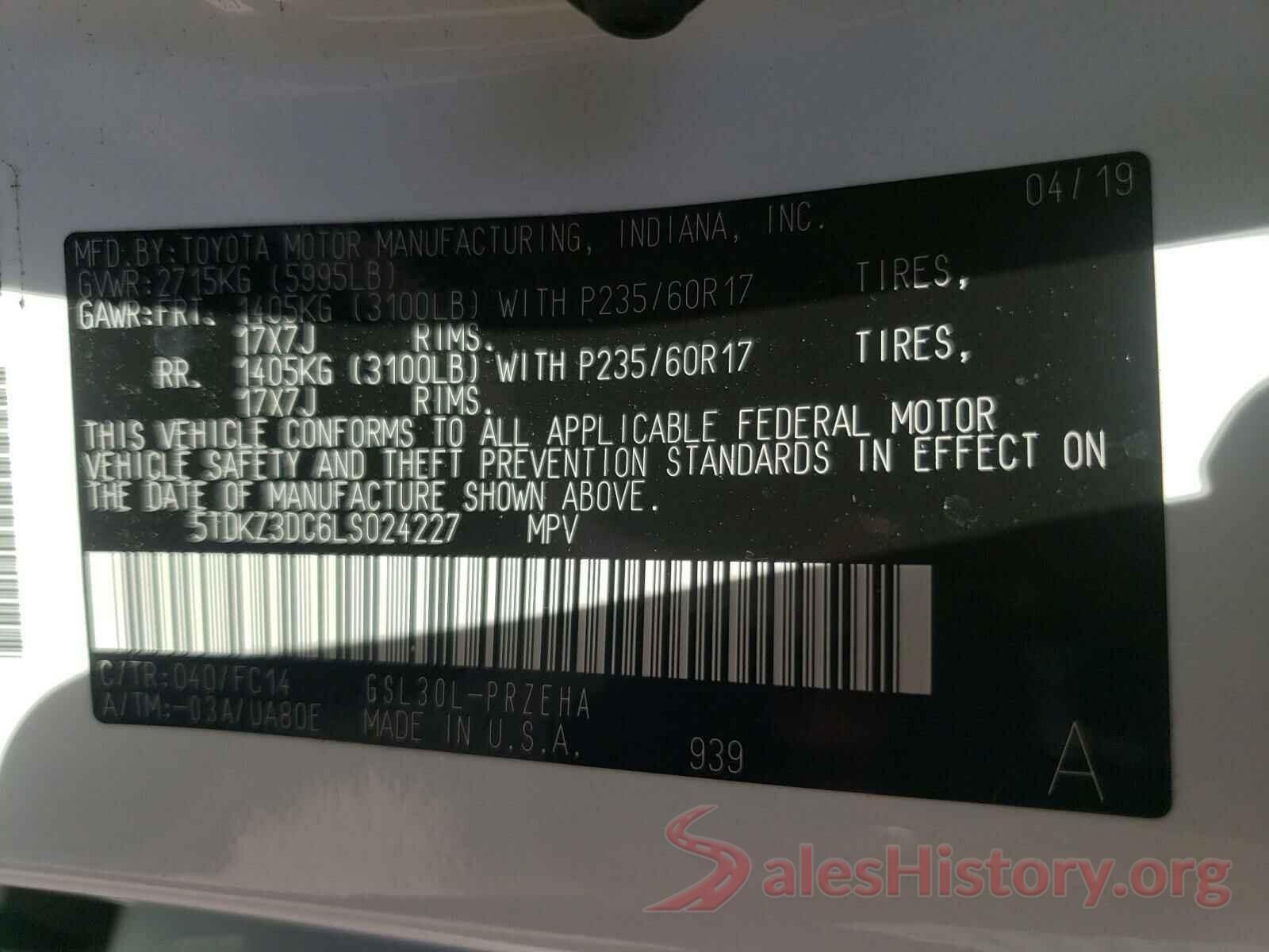 5TDKZ3DC6LS024227 2020 TOYOTA SIENNA