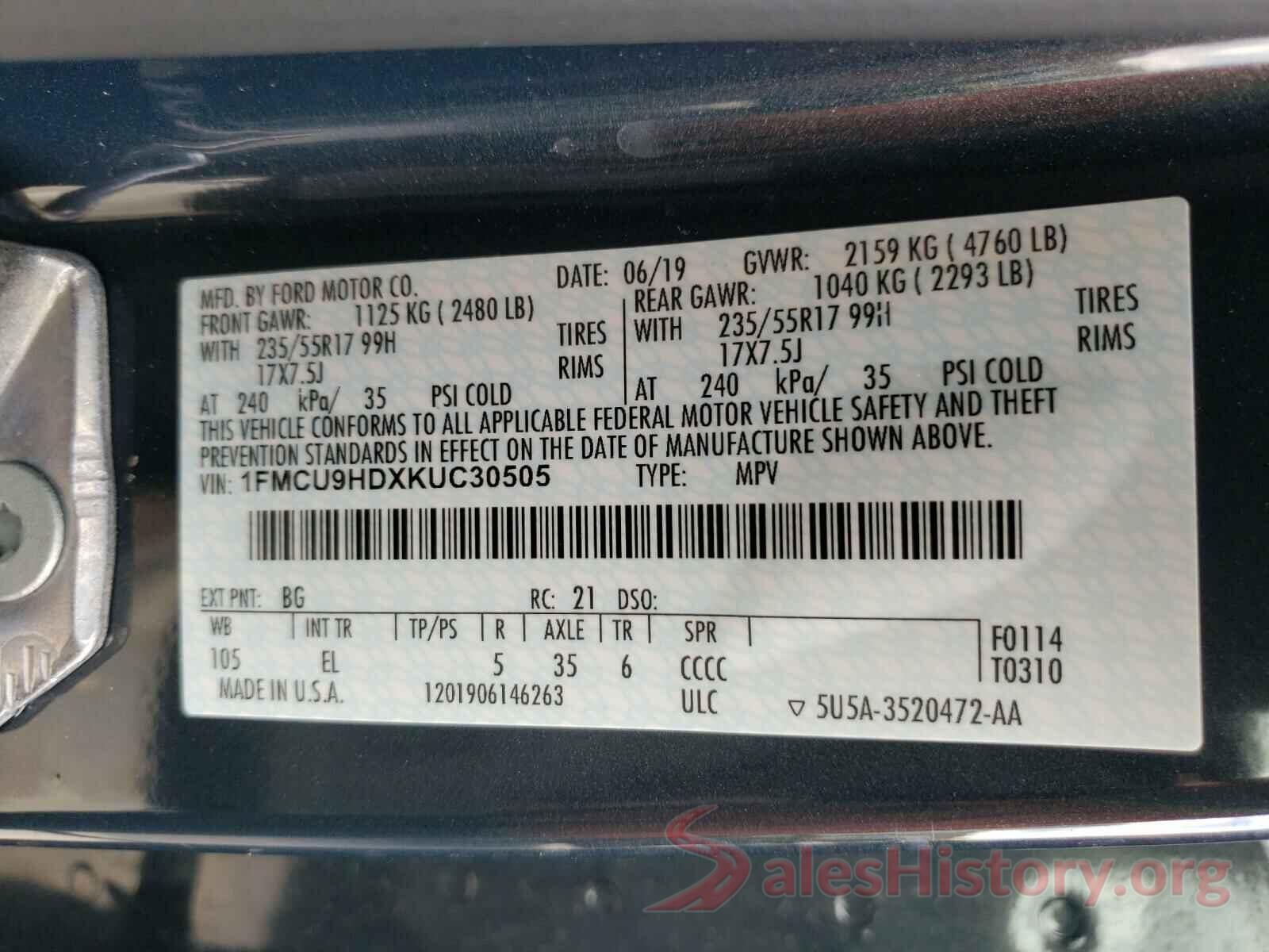 1FMCU9HDXKUC30505 2019 FORD ESCAPE