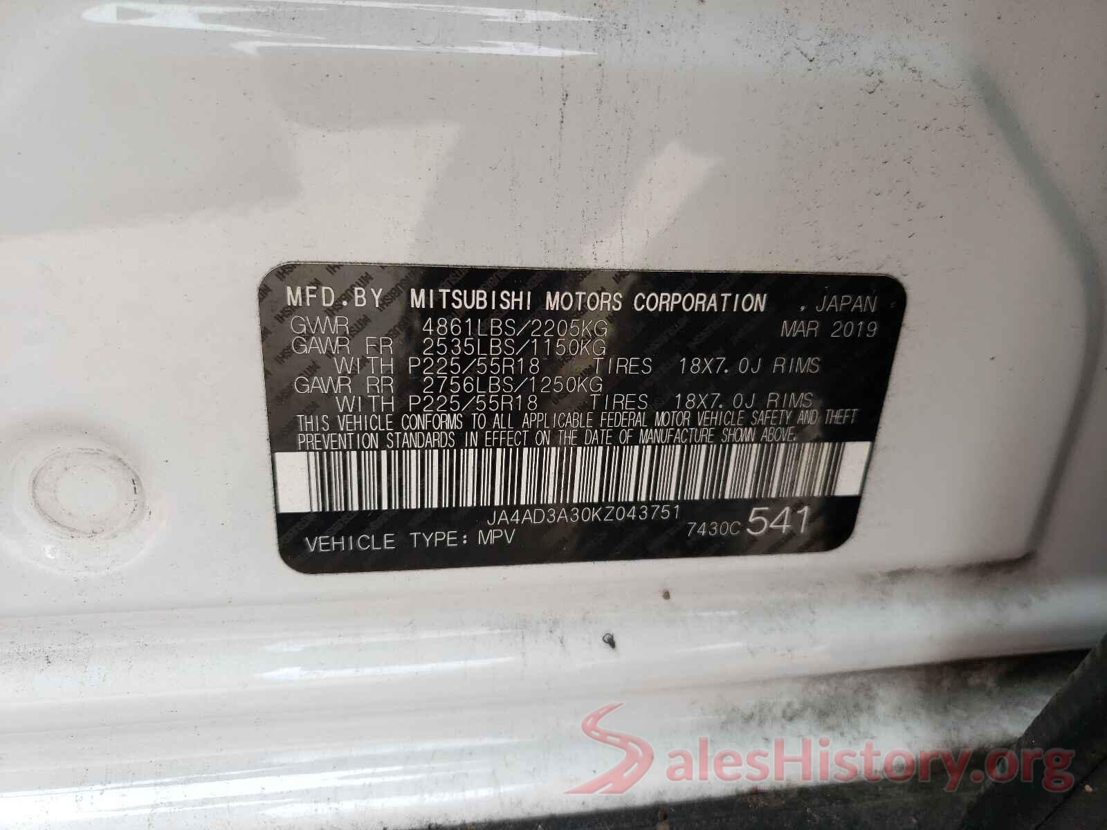 JA4AD3A30KZ043751 2019 MITSUBISHI OUTLANDER