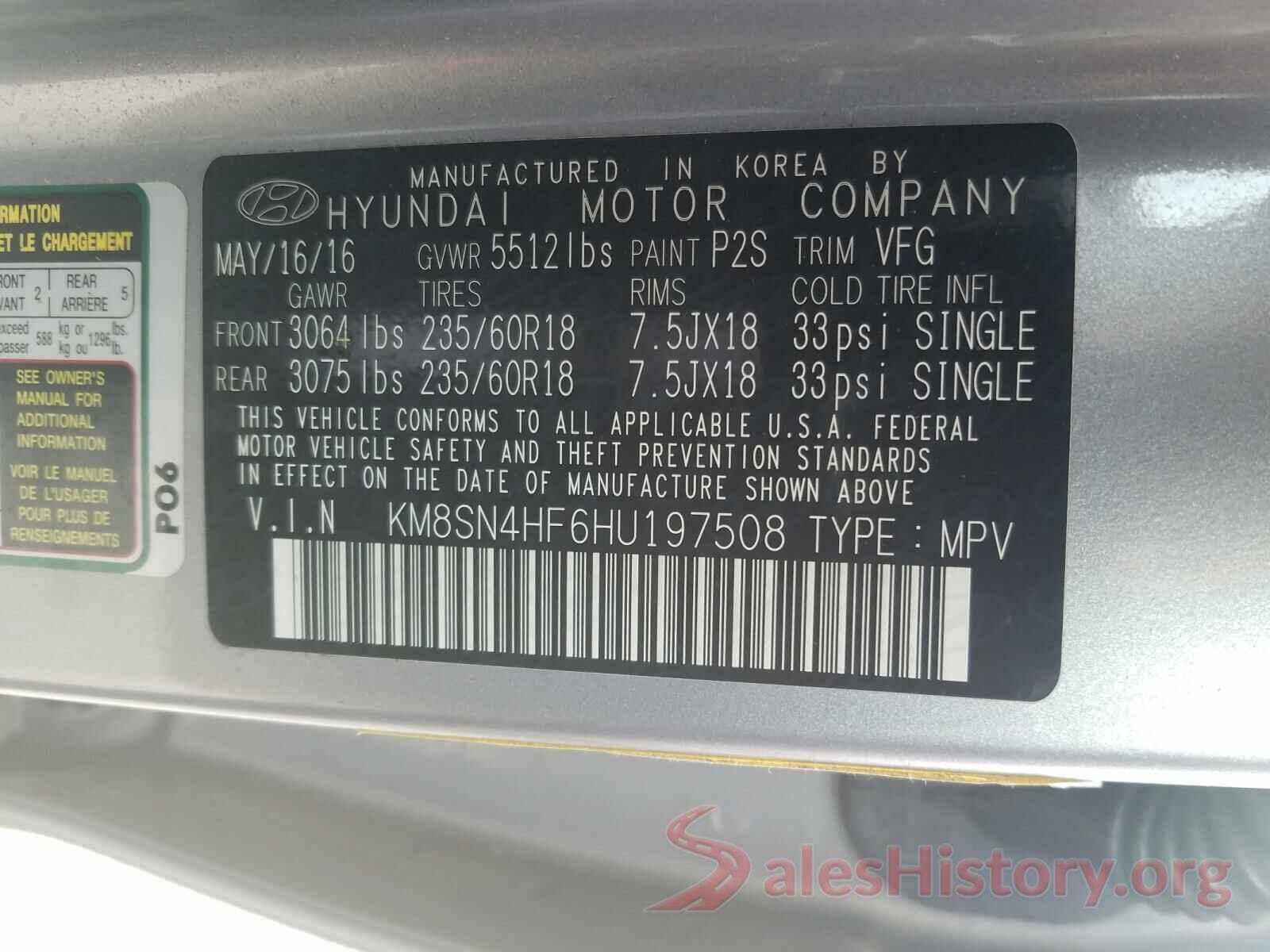 KM8SN4HF6HU197508 2017 HYUNDAI SANTA FE