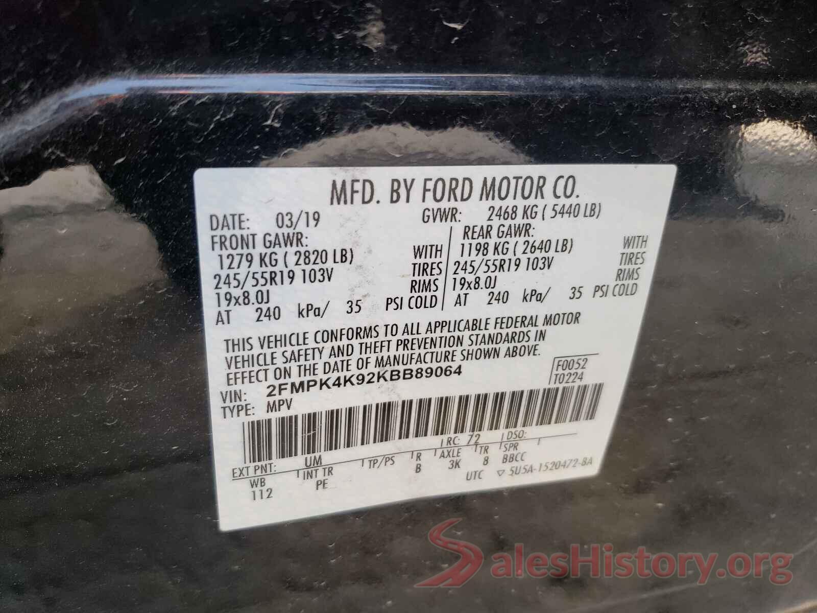 2FMPK4K92KBB89064 2019 FORD EDGE