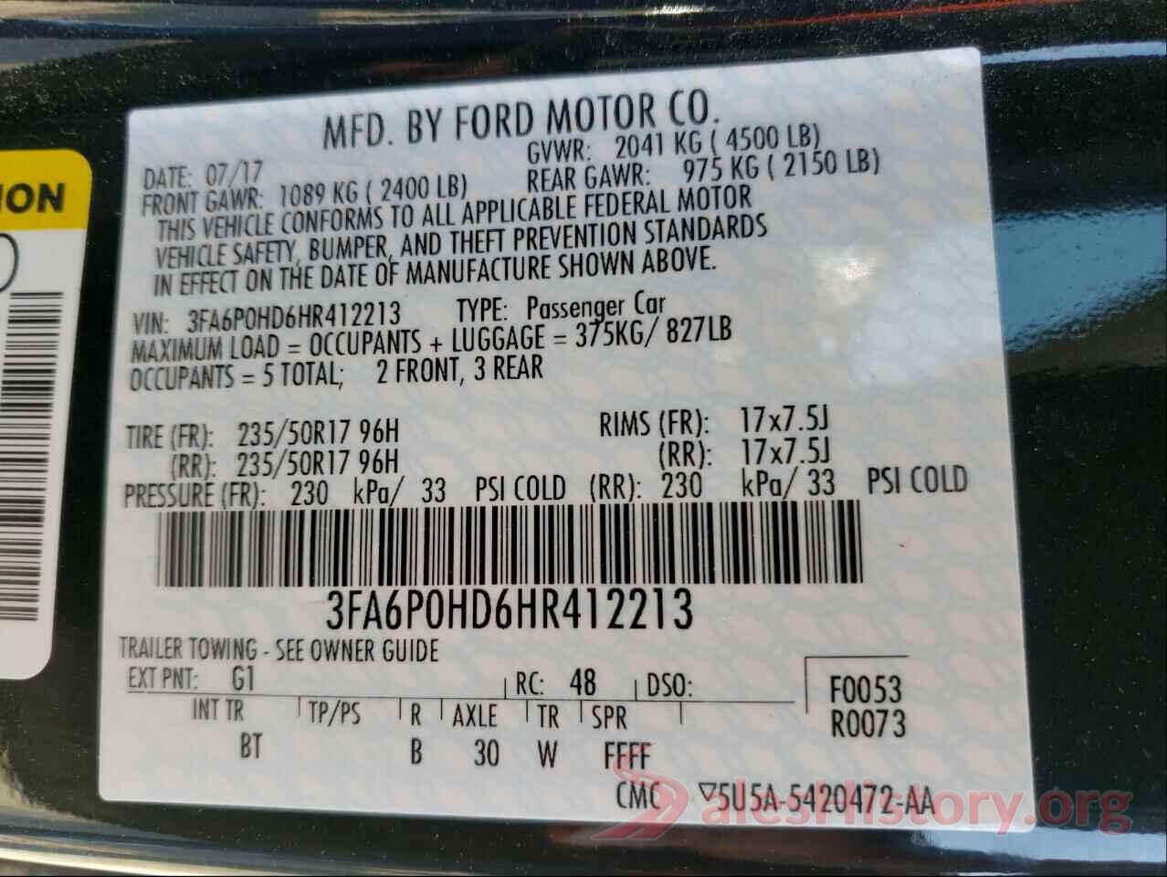 3FA6P0HD6HR412213 2017 FORD FUSION