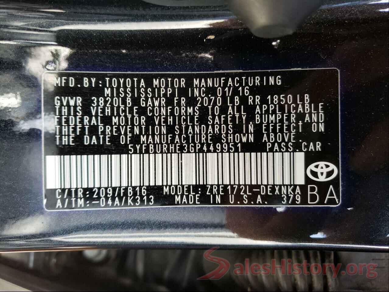 5YFBURHE3GP449951 2016 TOYOTA COROLLA