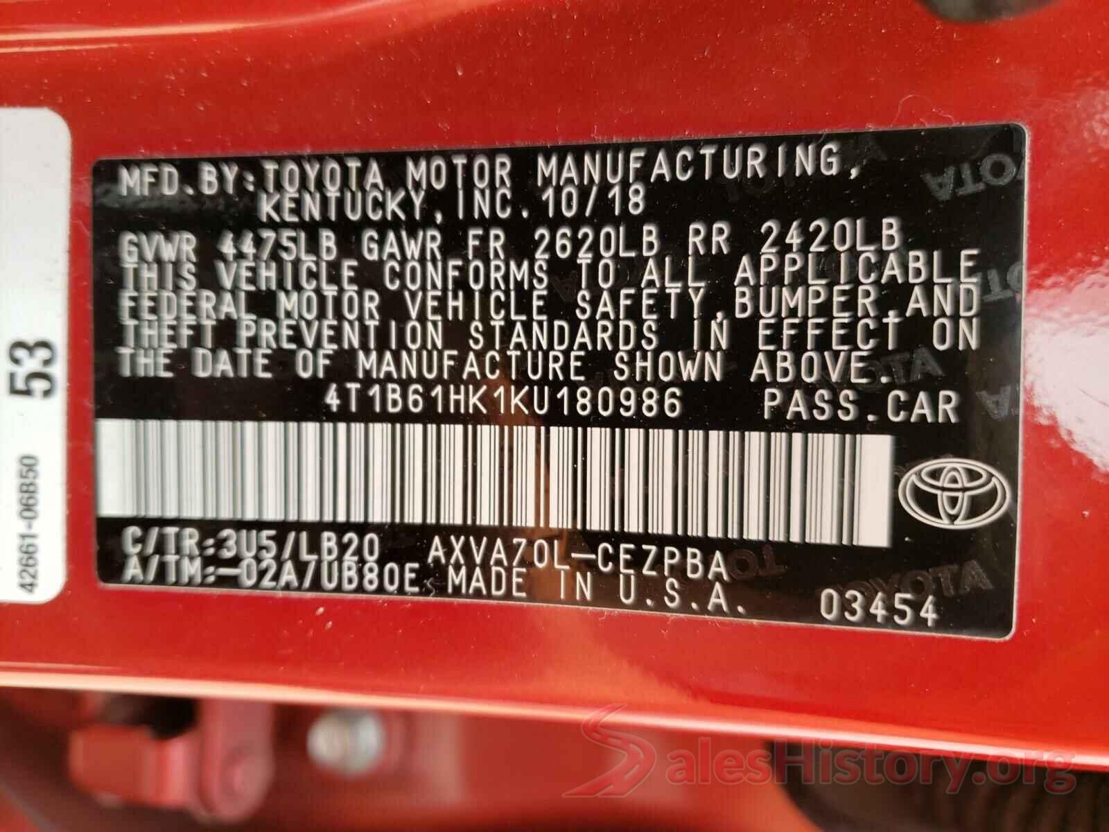 4T1B61HK1KU180986 2019 TOYOTA CAMRY