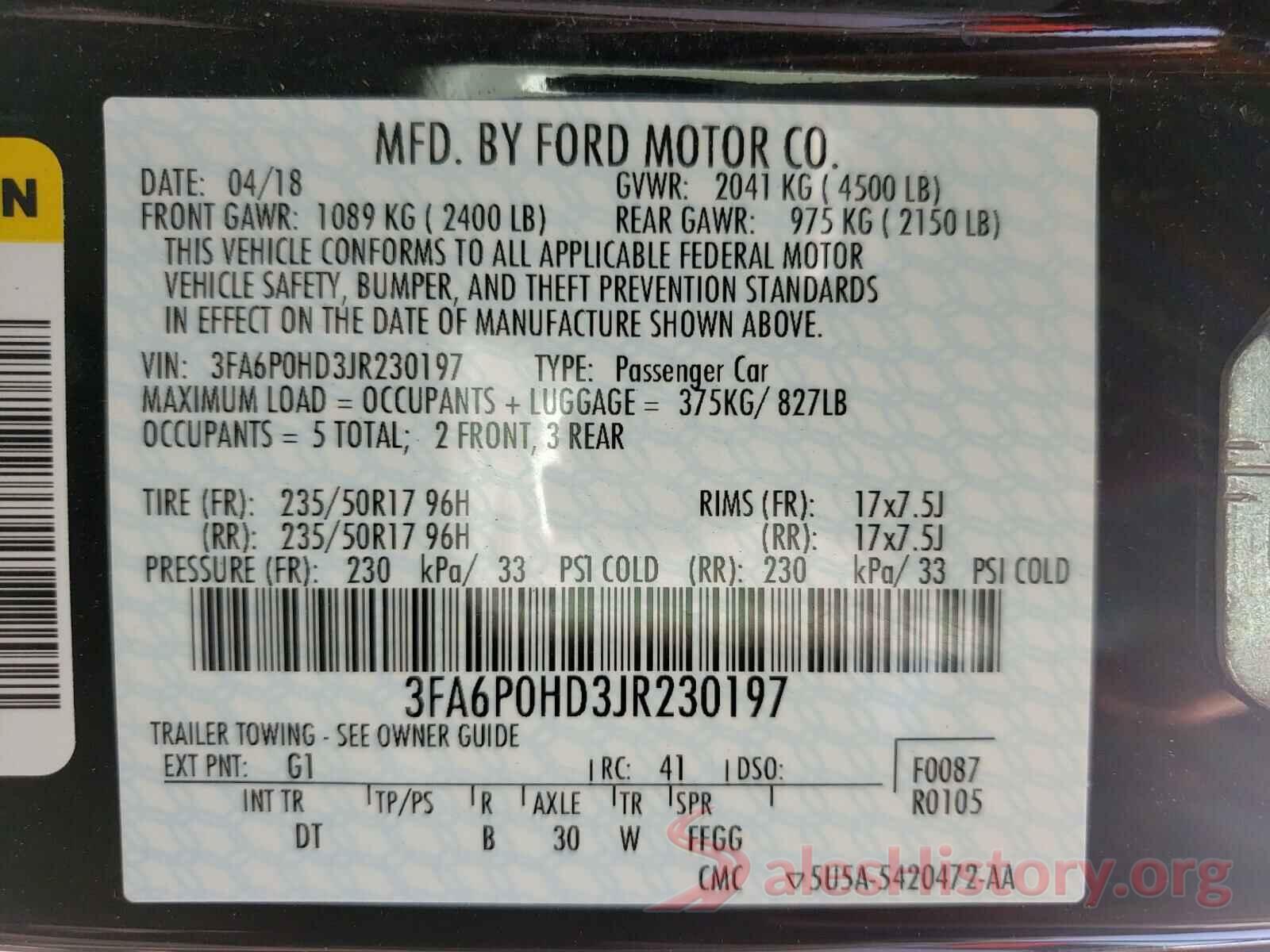 3FA6P0HD3JR230197 2018 FORD FUSION