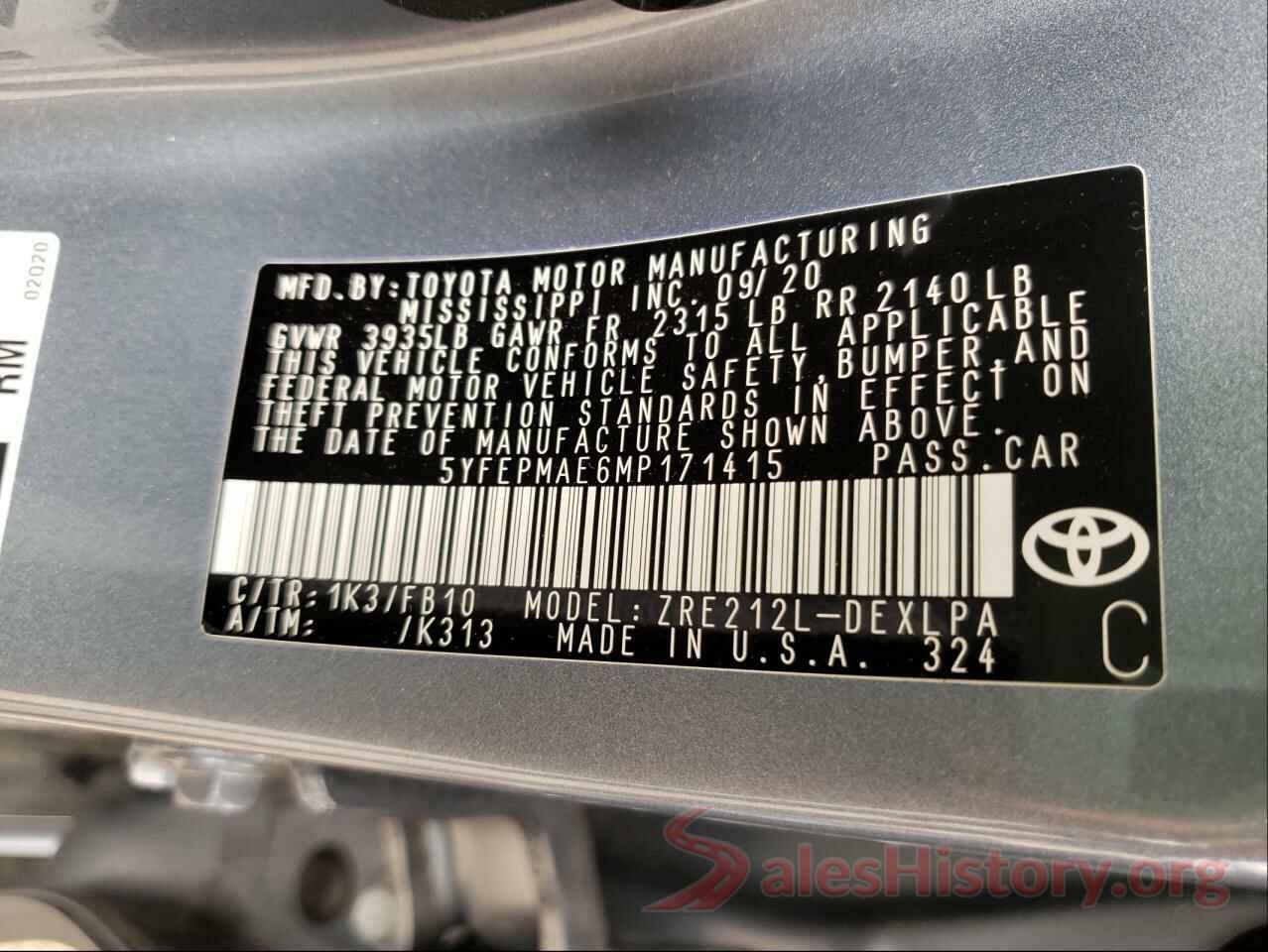 5YFEPMAE6MP171415 2021 TOYOTA COROLLA