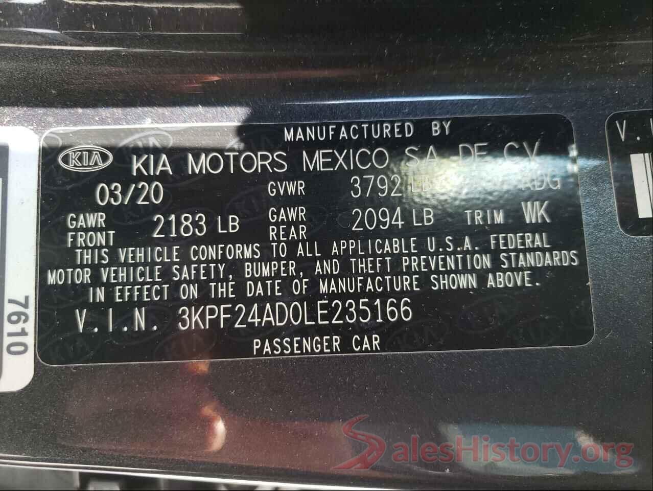 3KPF24AD0LE235166 2020 KIA FORTE