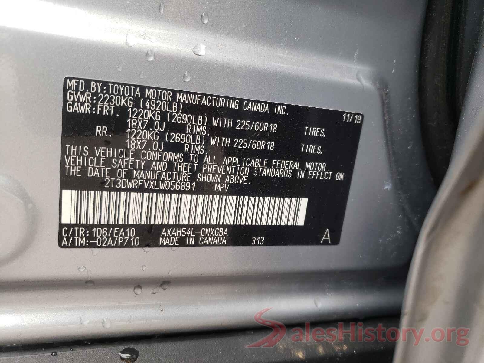 2T3DWRFVXLW056891 2020 TOYOTA RAV4