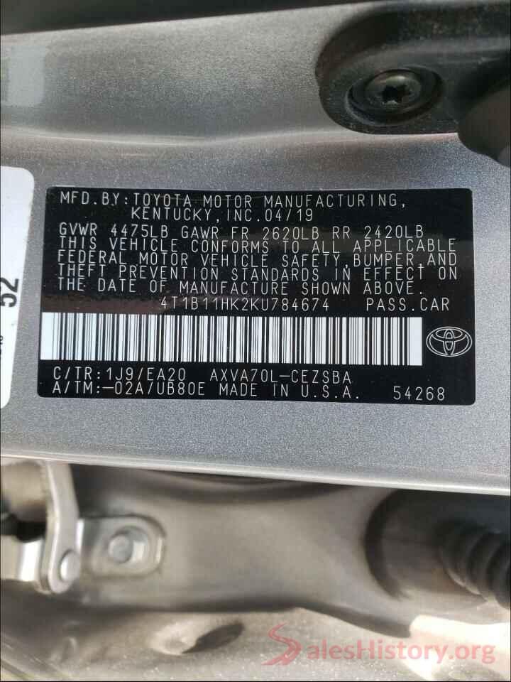 4T1B11HK2KU784674 2019 TOYOTA CAMRY