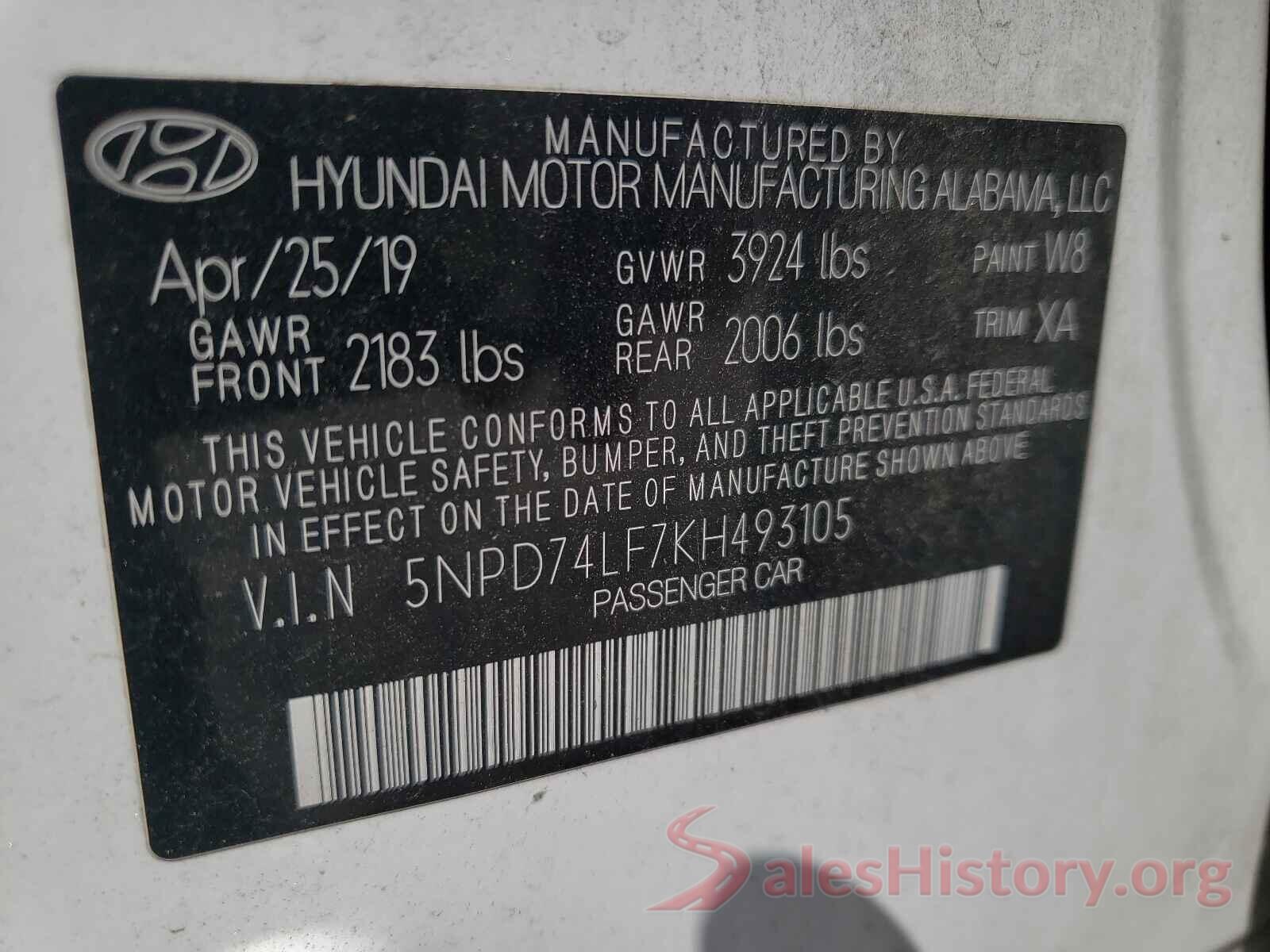 5NPD74LF7KH493105 2019 HYUNDAI ELANTRA