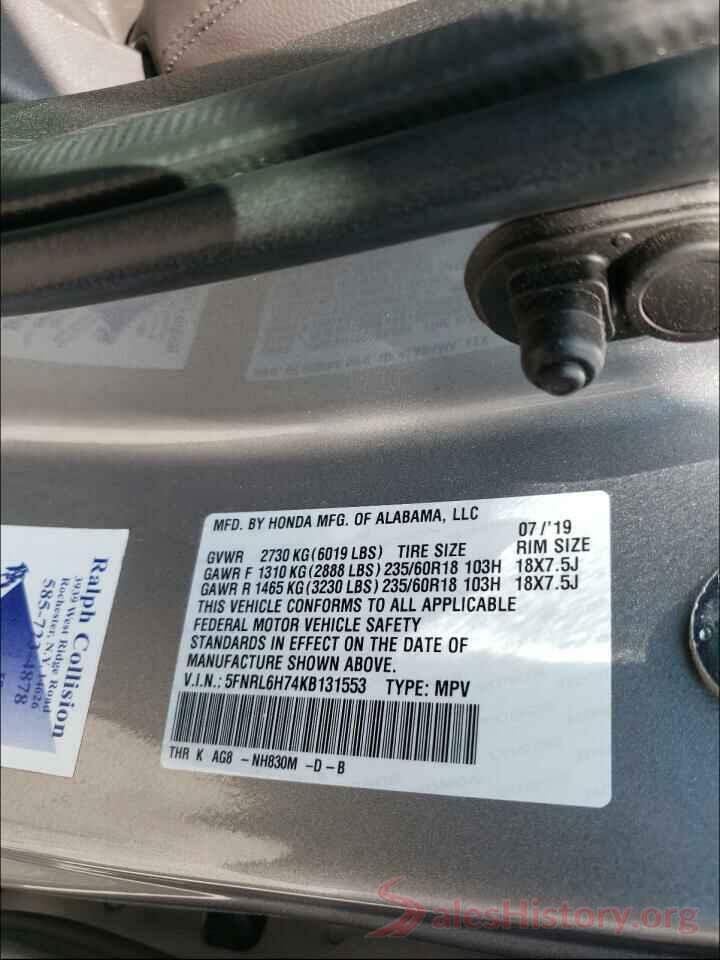 5FNRL6H74KB131553 2019 HONDA ODYSSEY