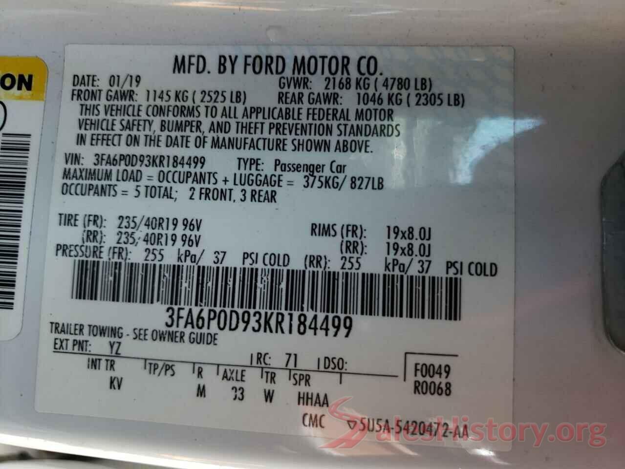 3FA6P0D93KR184499 2019 FORD FUSION