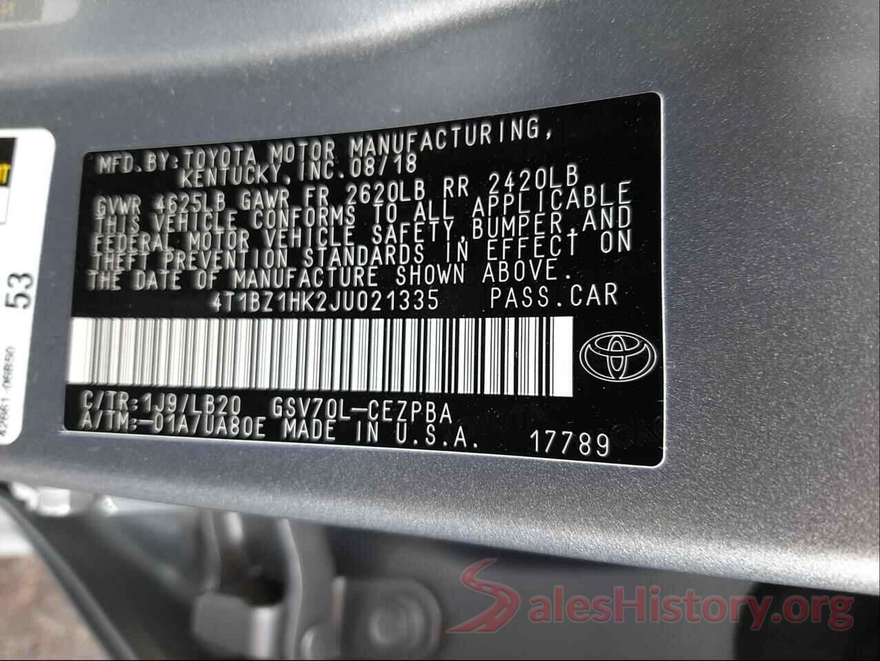 4T1BZ1HK2JU021335 2018 TOYOTA CAMRY