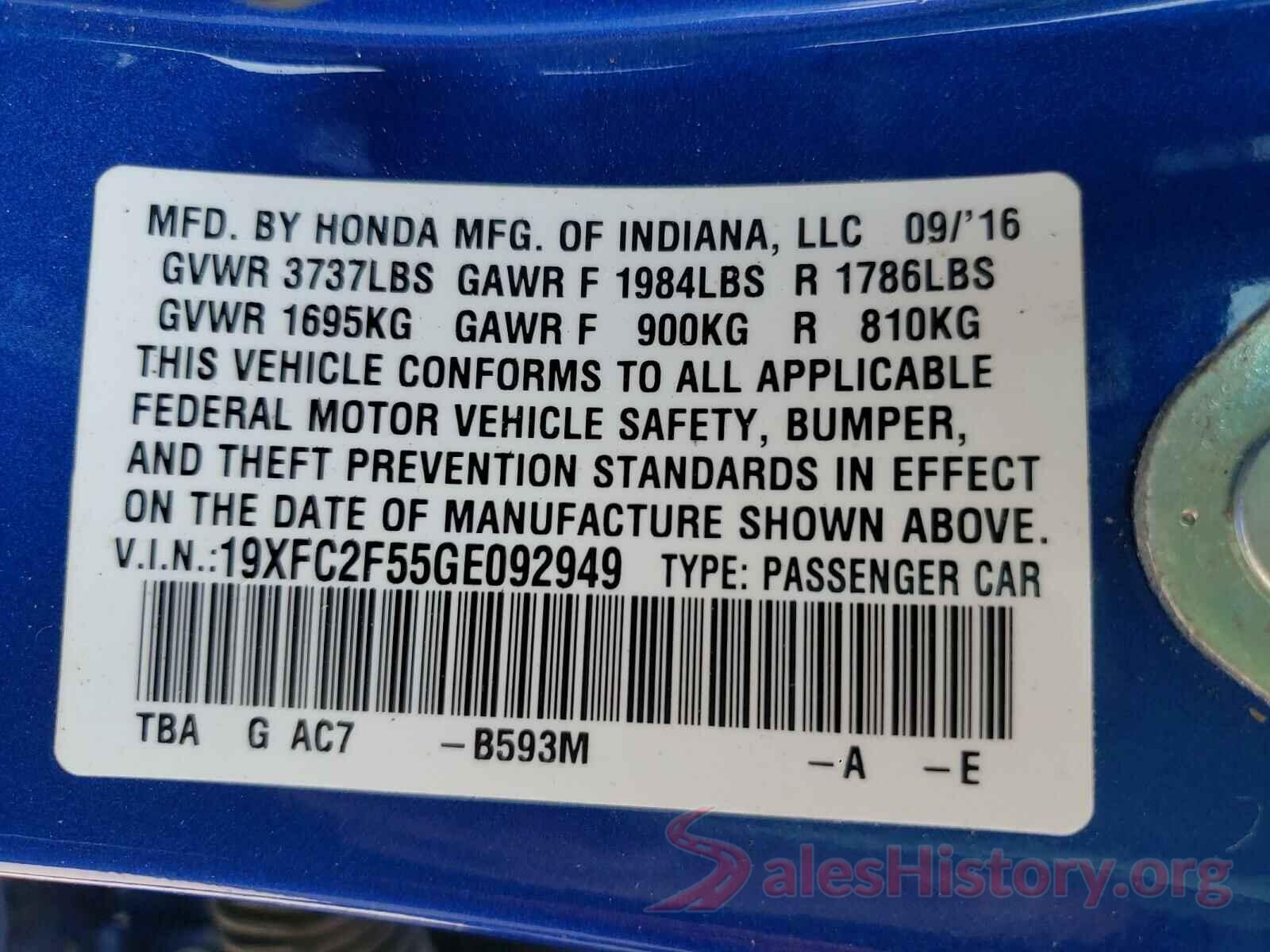 19XFC2F55GE092949 2016 HONDA CIVIC