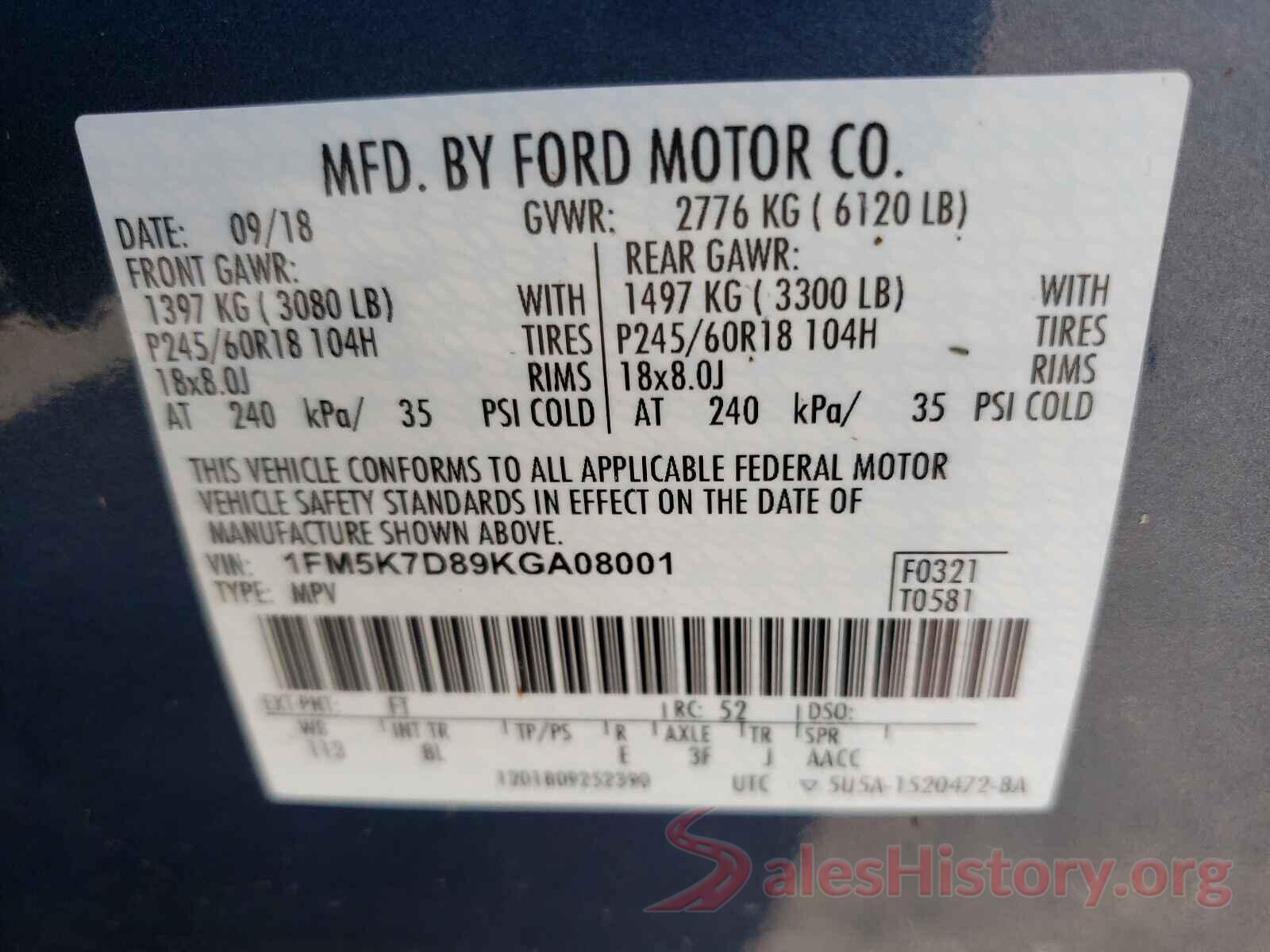 1FM5K7D89KGA08001 2019 FORD EXPLORER