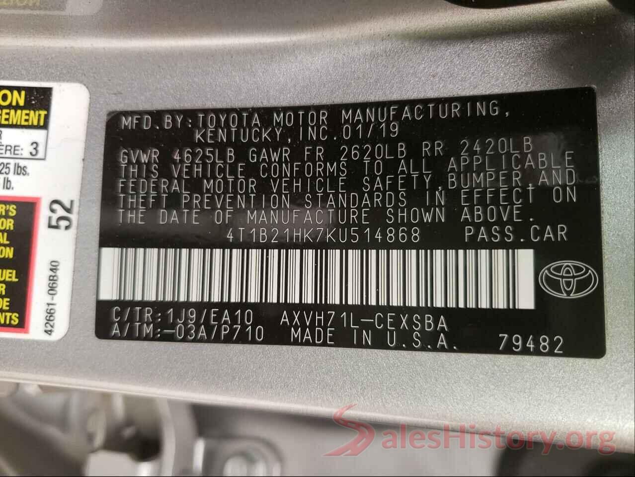 4T1B21HK7KU514868 2019 TOYOTA CAMRY