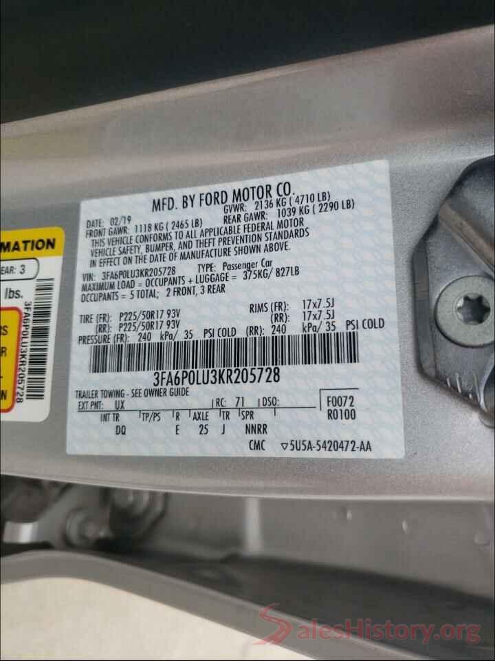 3FA6P0LU3KR205728 2019 FORD FUSION