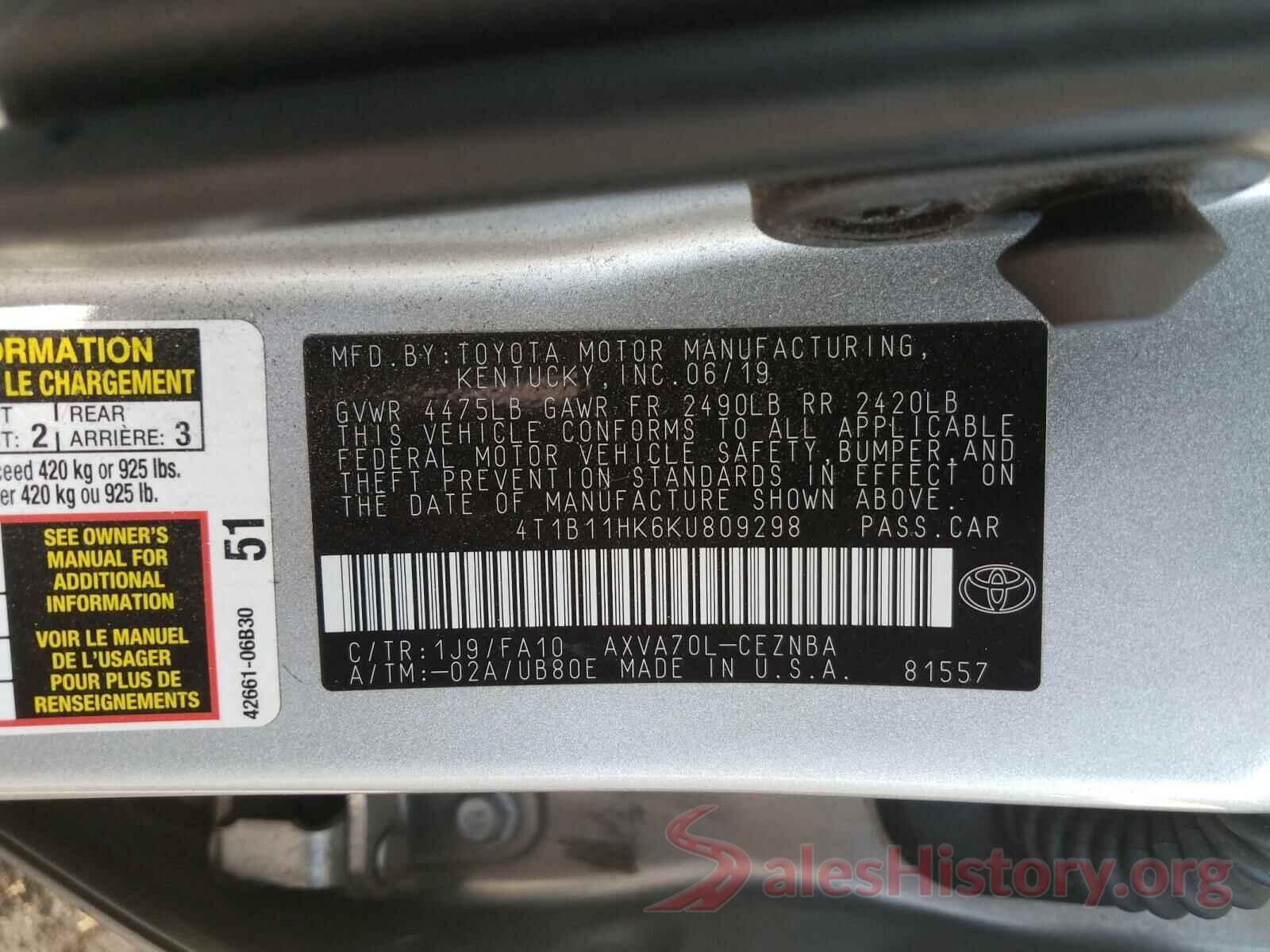 4T1B11HK6KU809298 2019 TOYOTA CAMRY