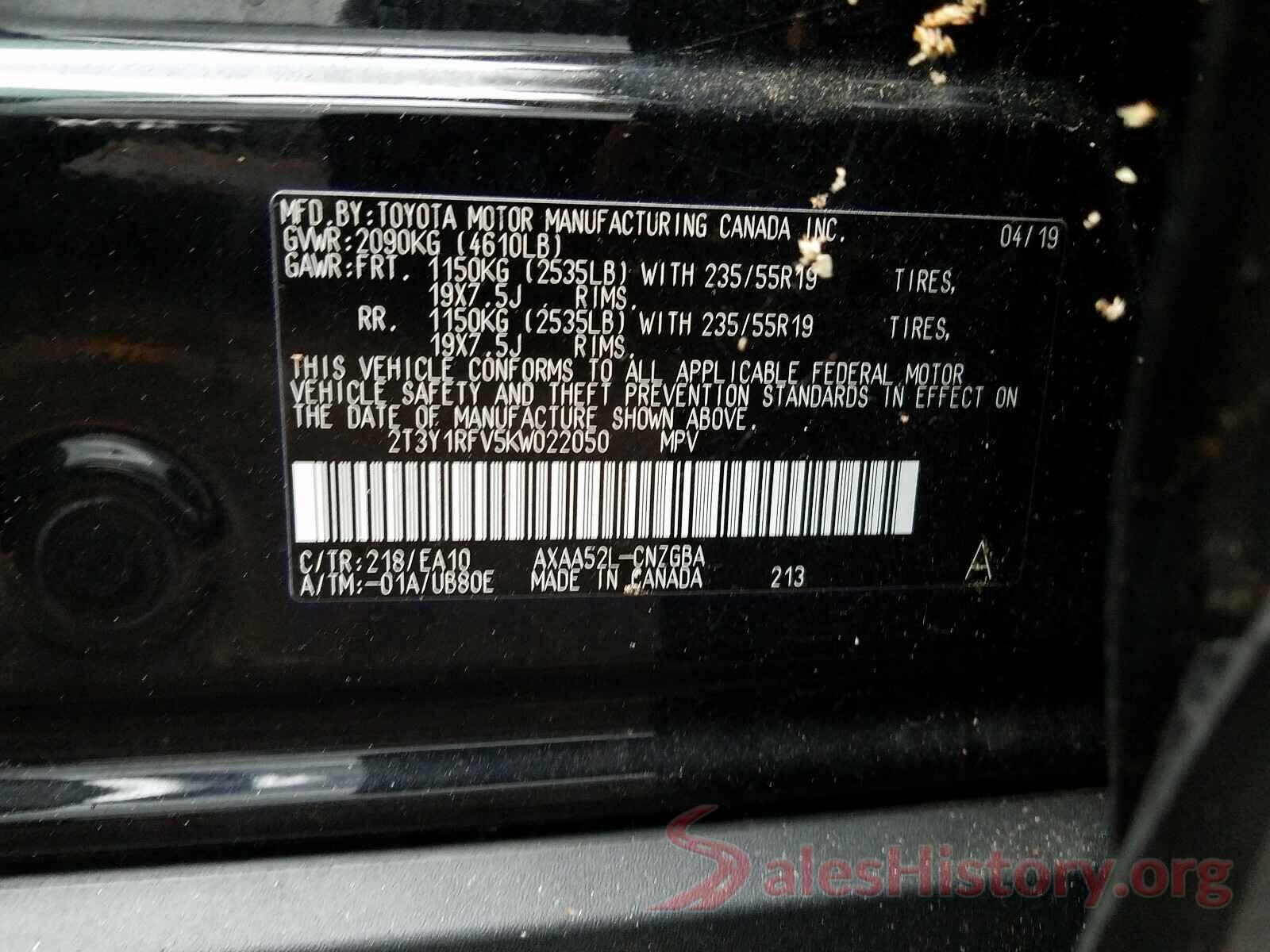 2T3Y1RFV5KW022050 2019 TOYOTA RAV4