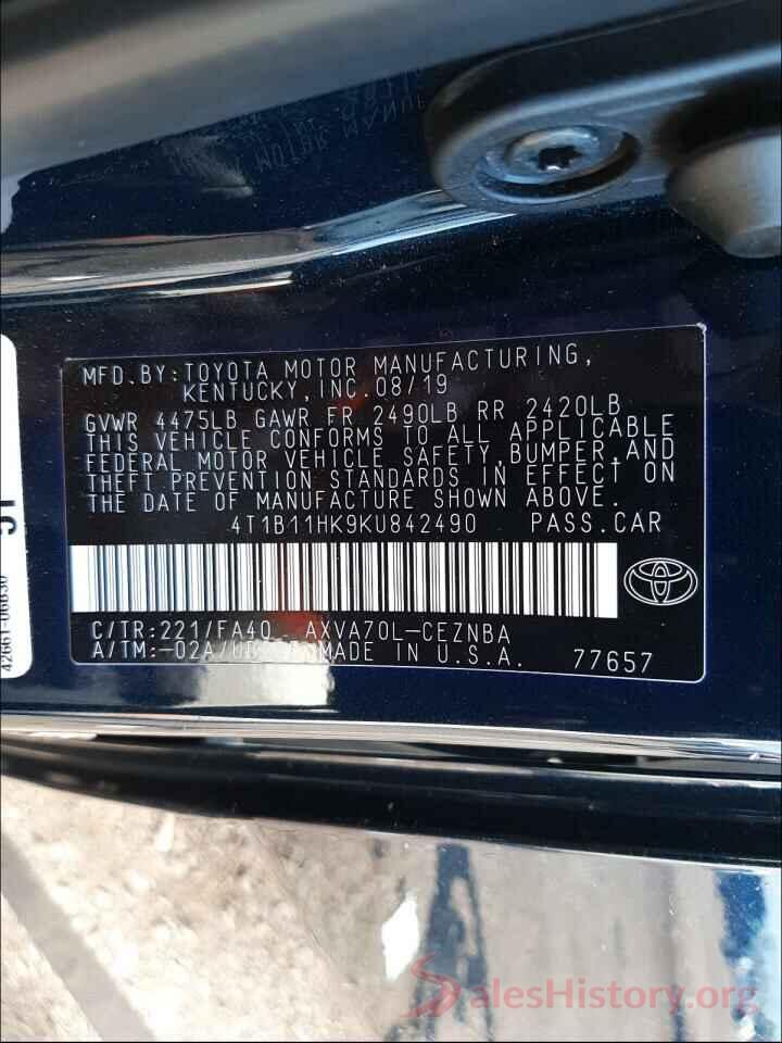 4T1B11HK9KU842490 2019 TOYOTA CAMRY