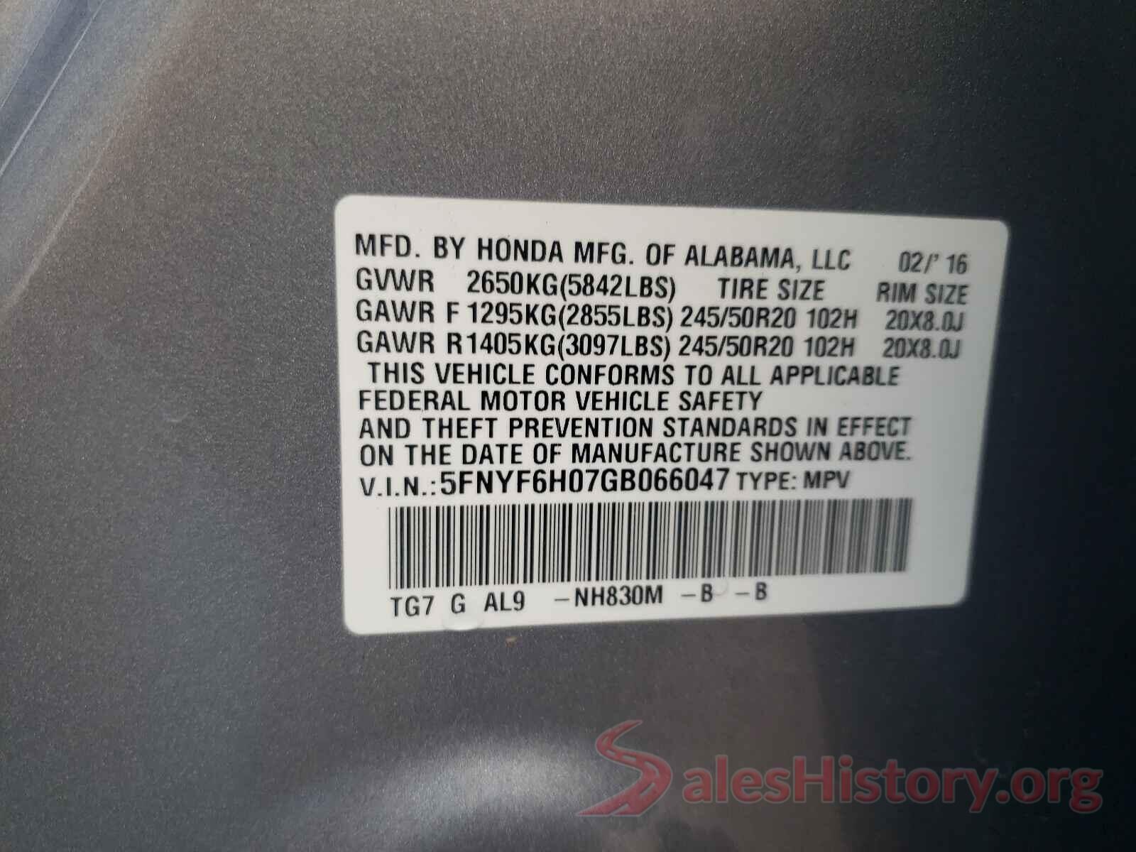 5FNYF6H07GB066047 2016 HONDA PILOT