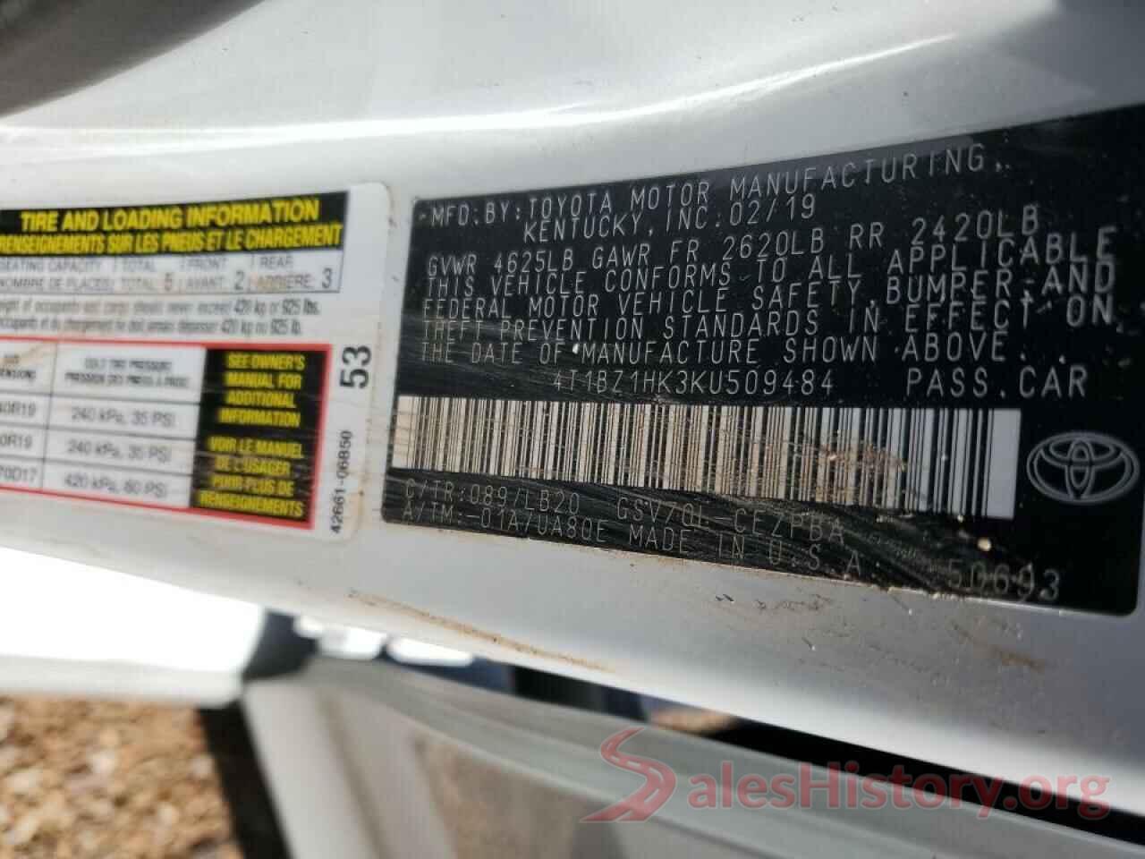 4T1BZ1HK3KU509484 2019 TOYOTA CAMRY