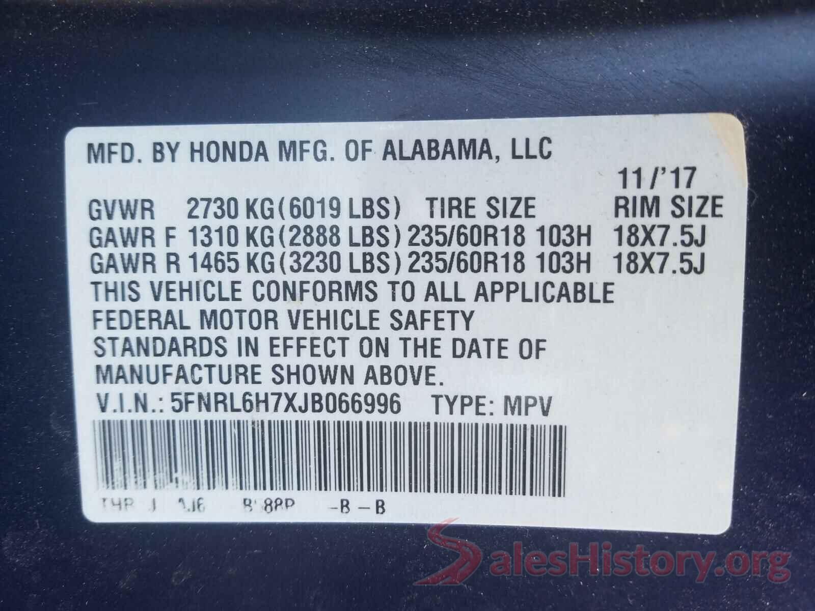 5FNRL6H7XJB066996 2018 HONDA ODYSSEY