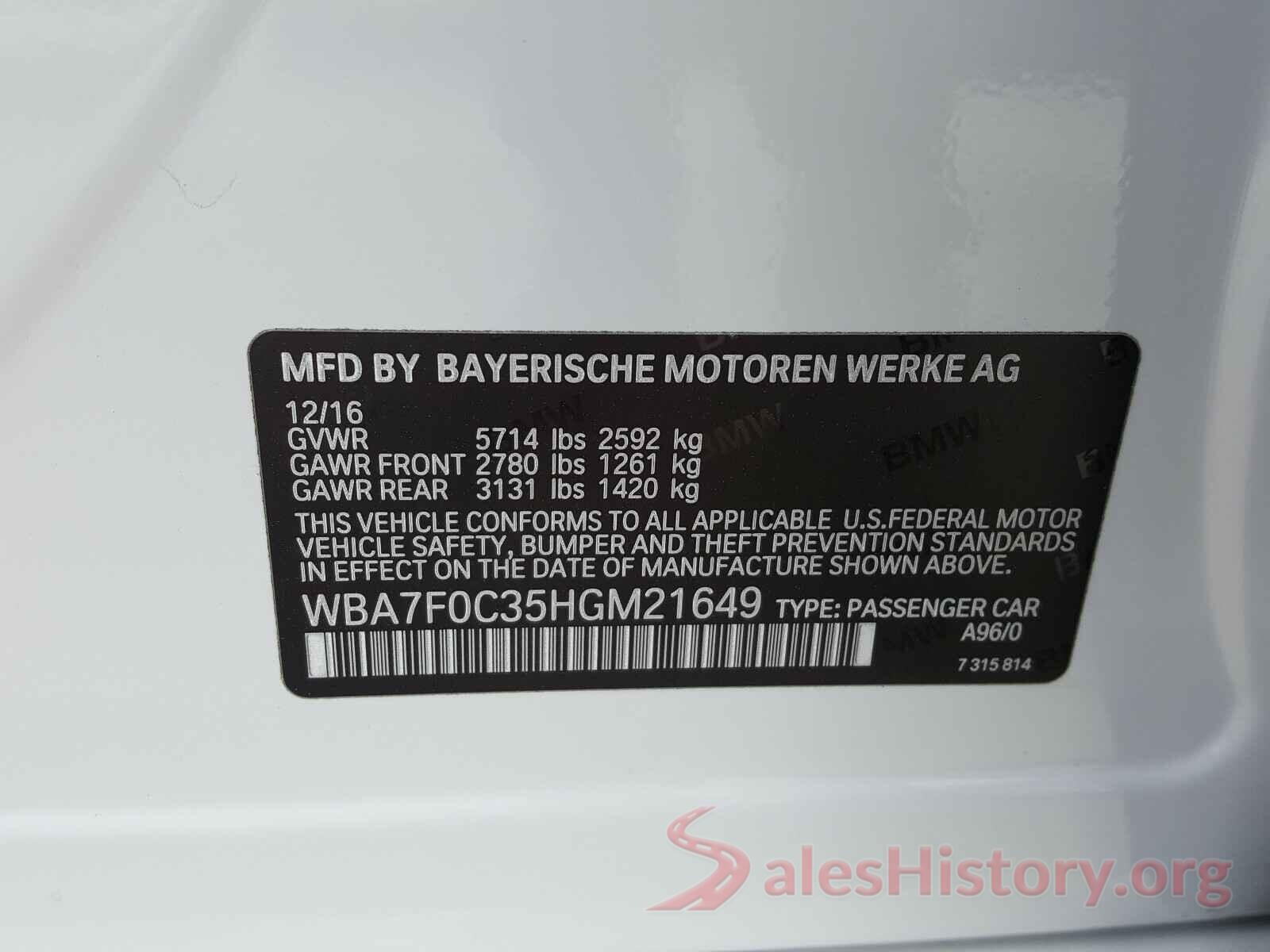 WBA7F0C35HGM21649 2017 BMW 7 SERIES