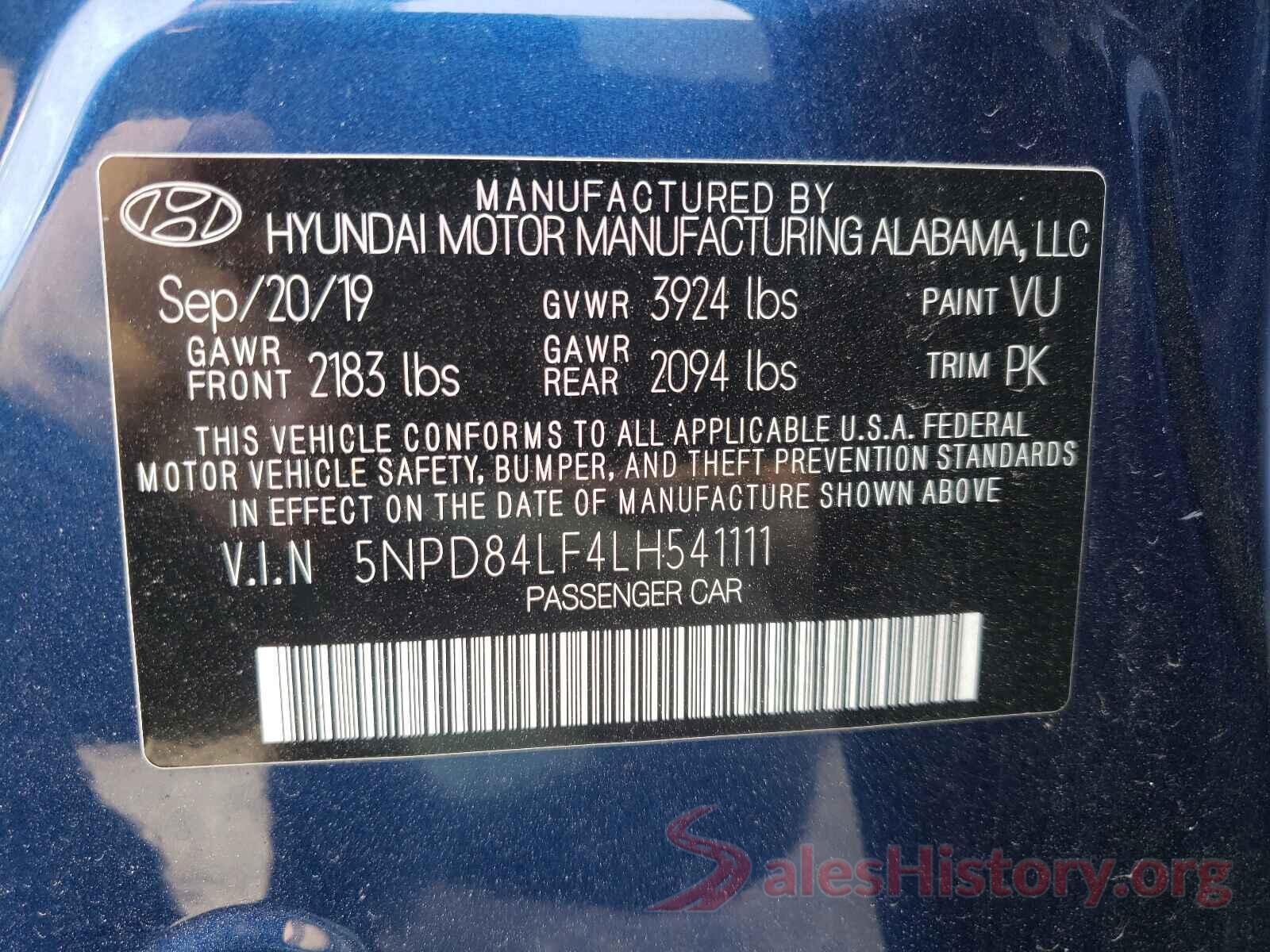 5NPD84LF4LH541111 2020 HYUNDAI ELANTRA