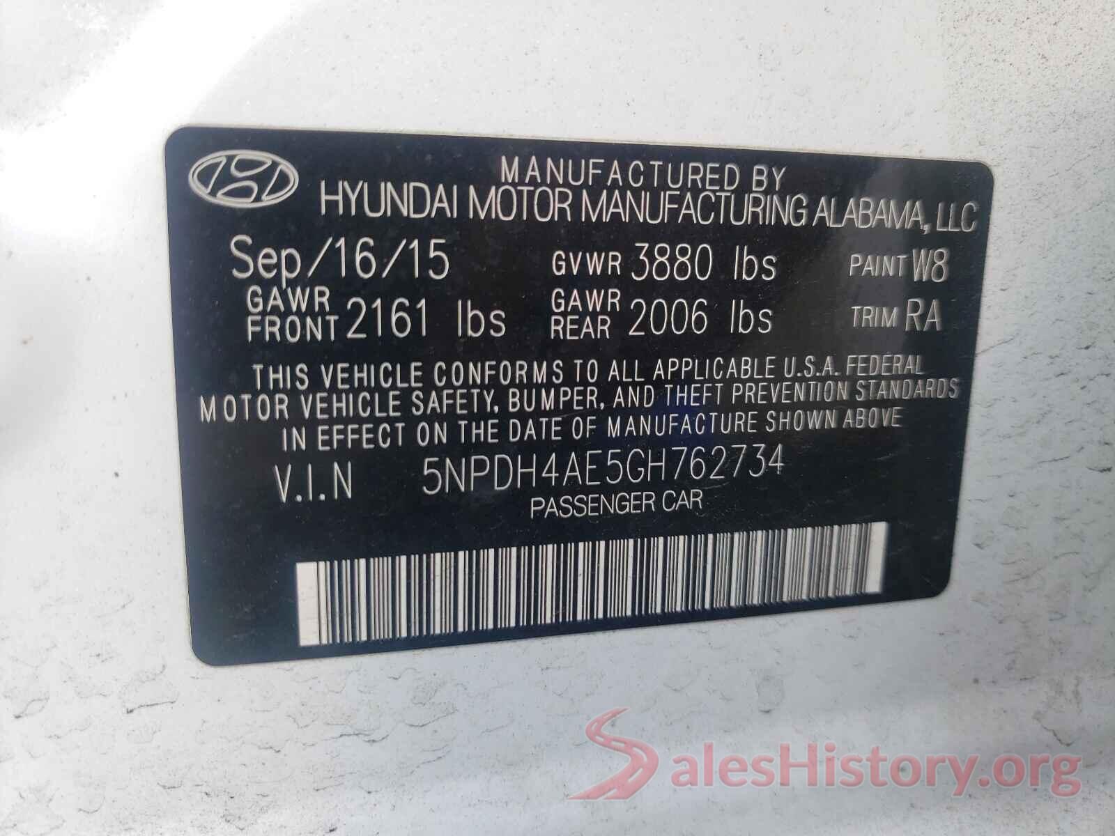 5NPDH4AE5GH762734 2016 HYUNDAI ELANTRA