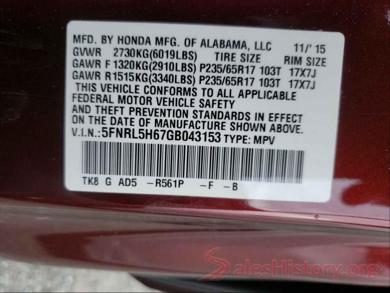 5FNRL5H67GB043153 2016 HONDA ODYSSEY