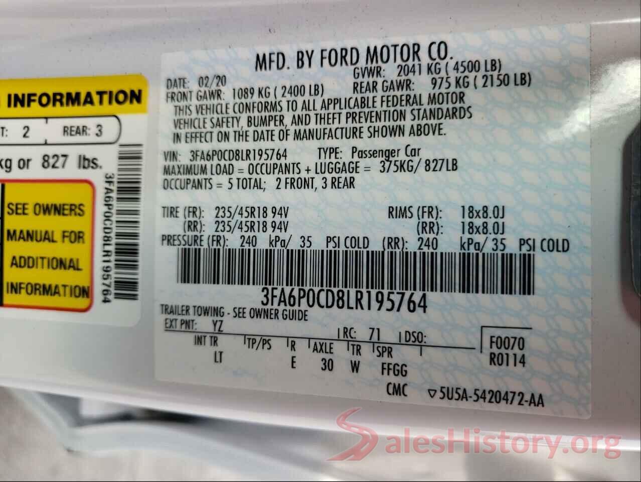 3FA6P0CD8LR195764 2020 FORD FUSION