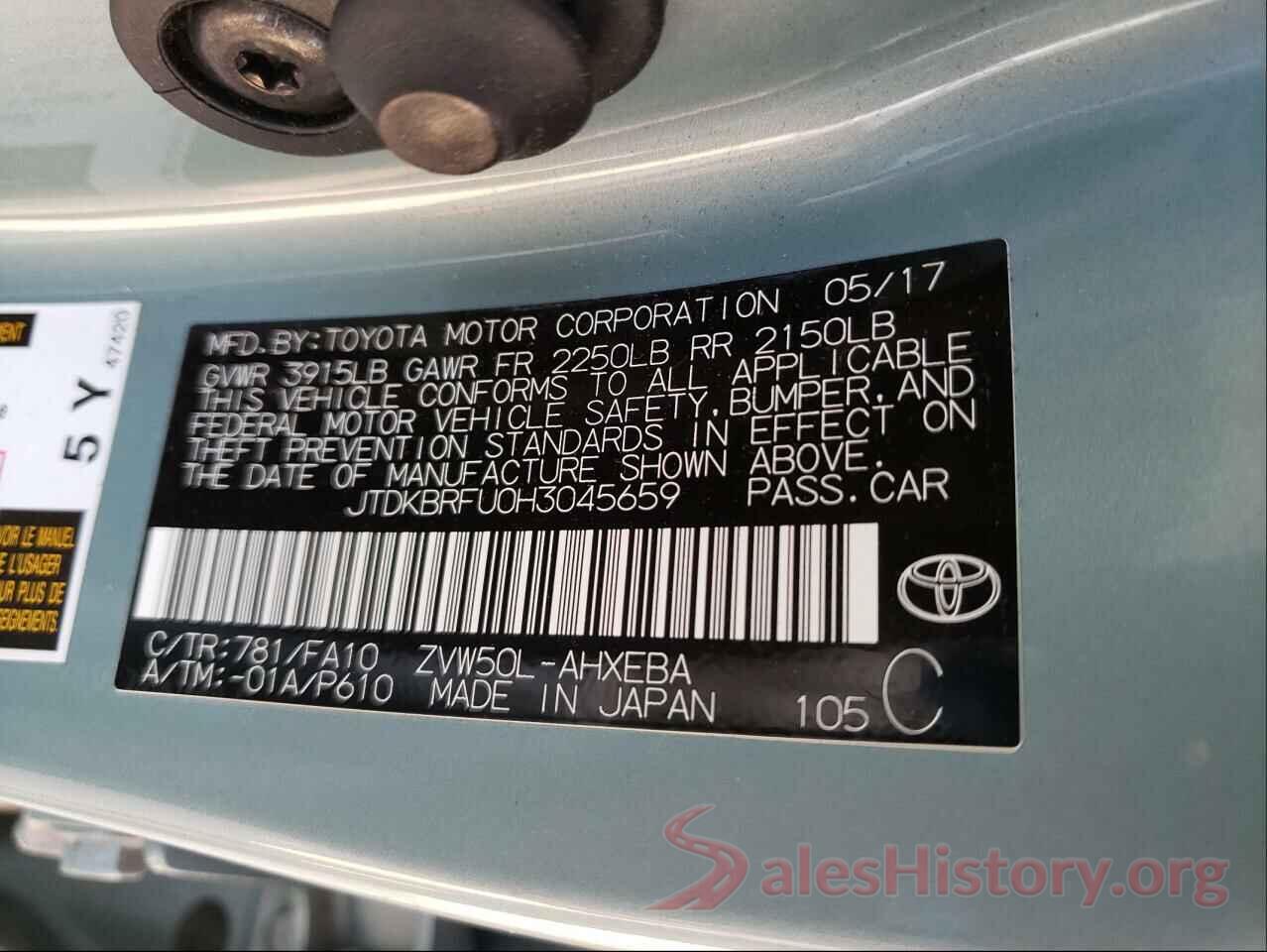 JTDKBRFU0H3045659 2017 TOYOTA PRIUS