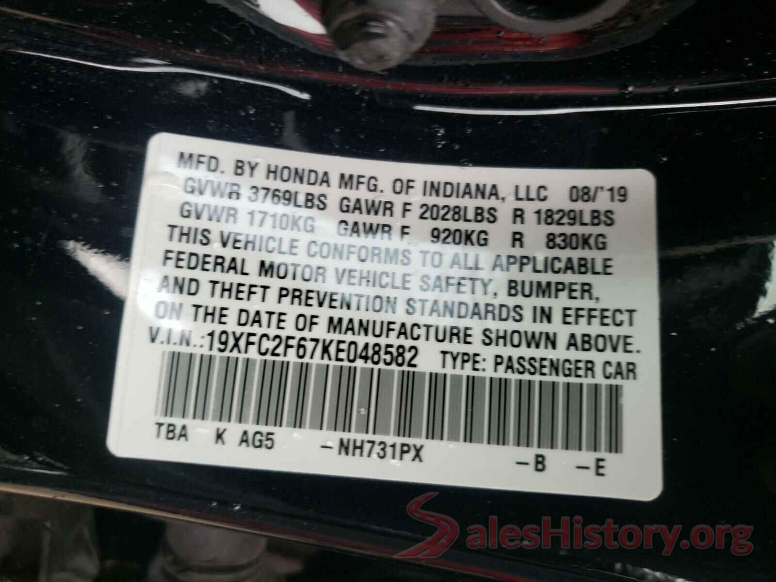 19XFC2F67KE048582 2019 HONDA CIVIC