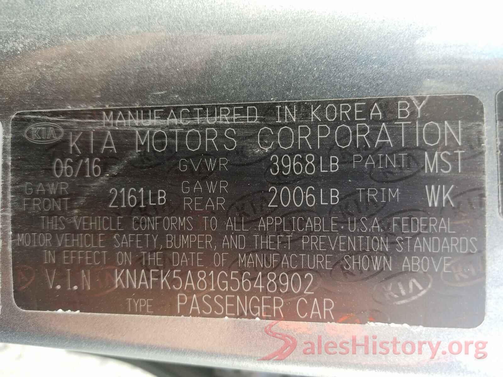 KNAFK5A81G5648902 2016 KIA FORTE