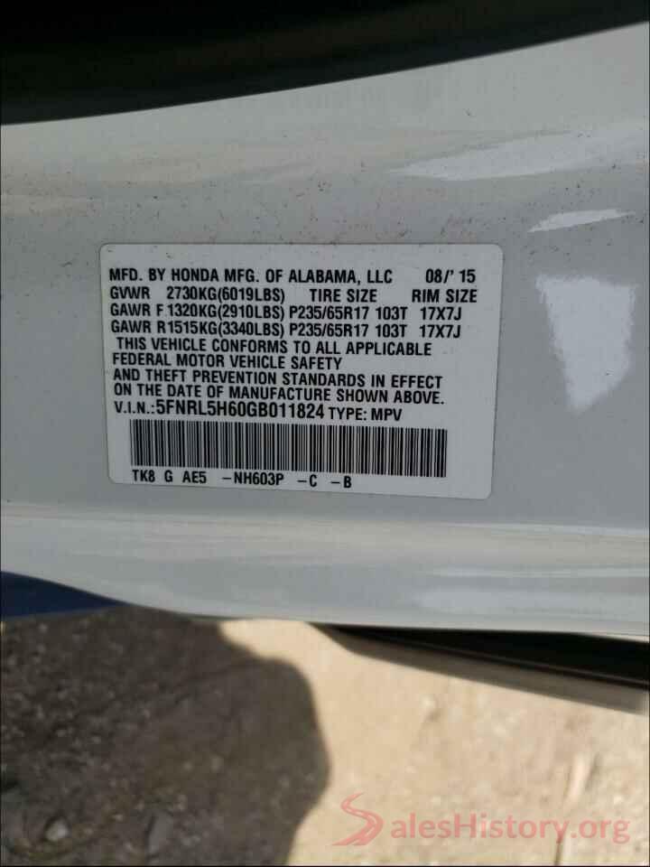 5FNRL5H60GB011824 2016 HONDA ODYSSEY