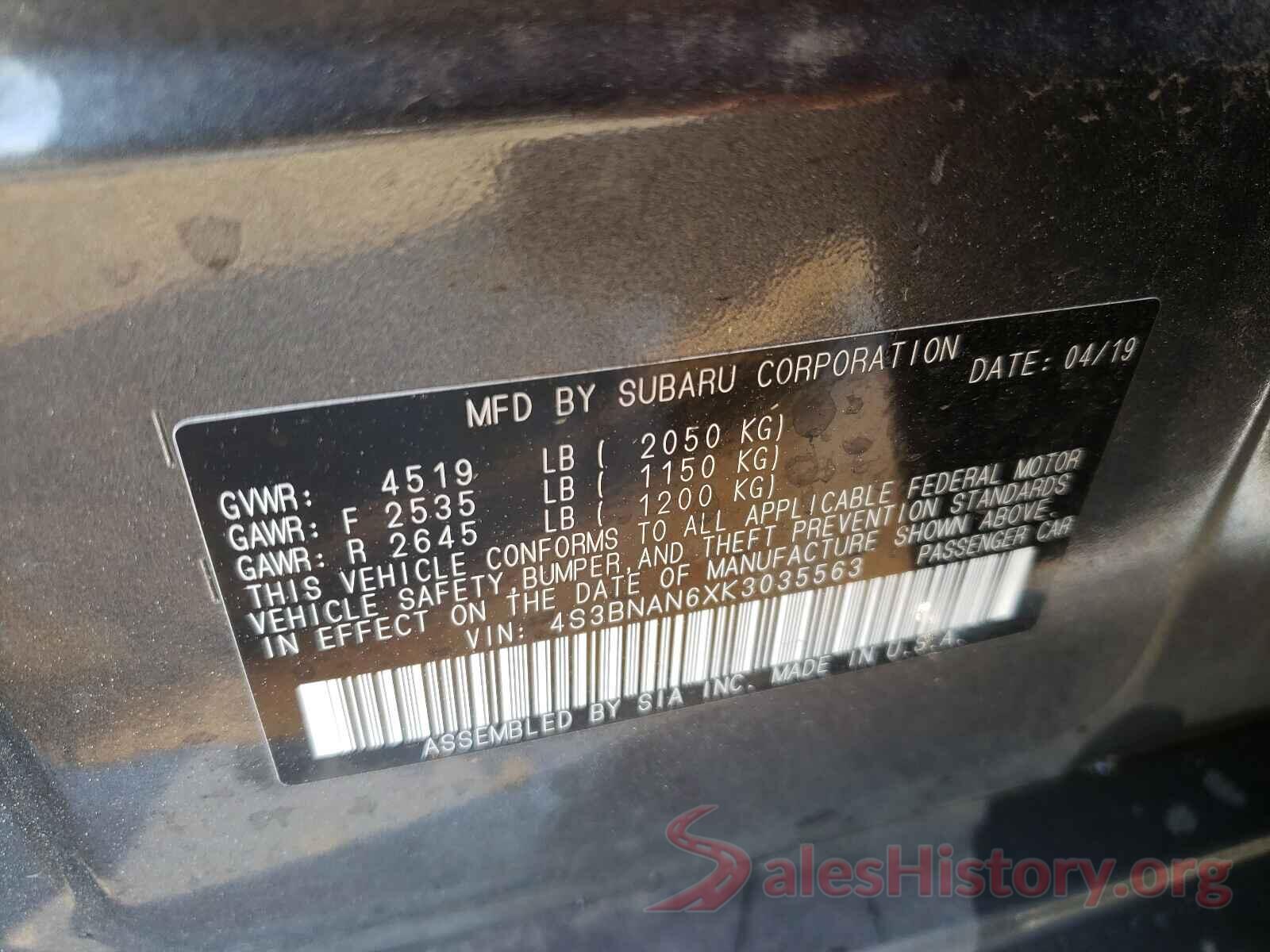 4S3BNAN6XK3035563 2019 SUBARU LEGACY