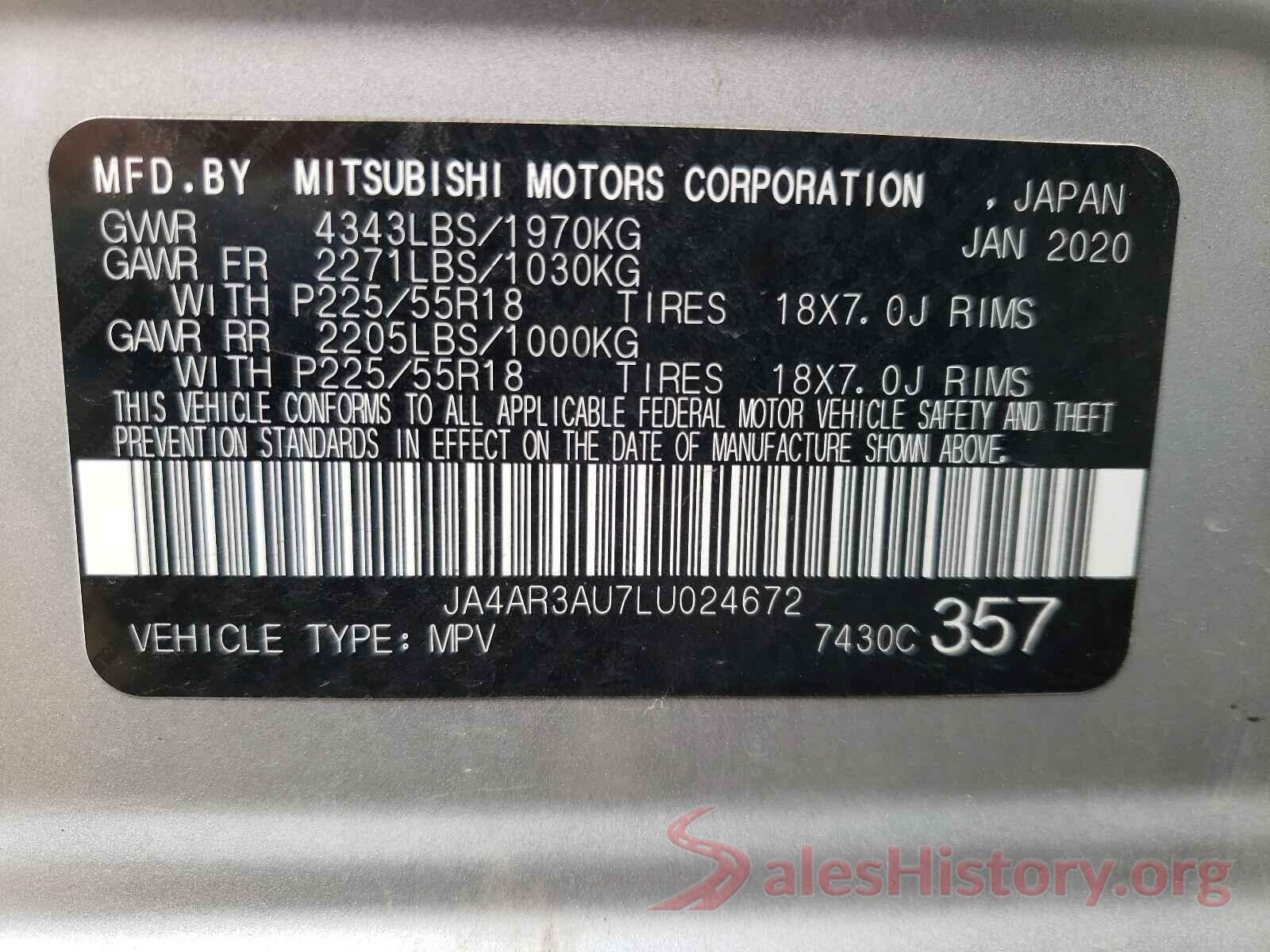 JA4AR3AU7LU024672 2020 MITSUBISHI OUTLANDER