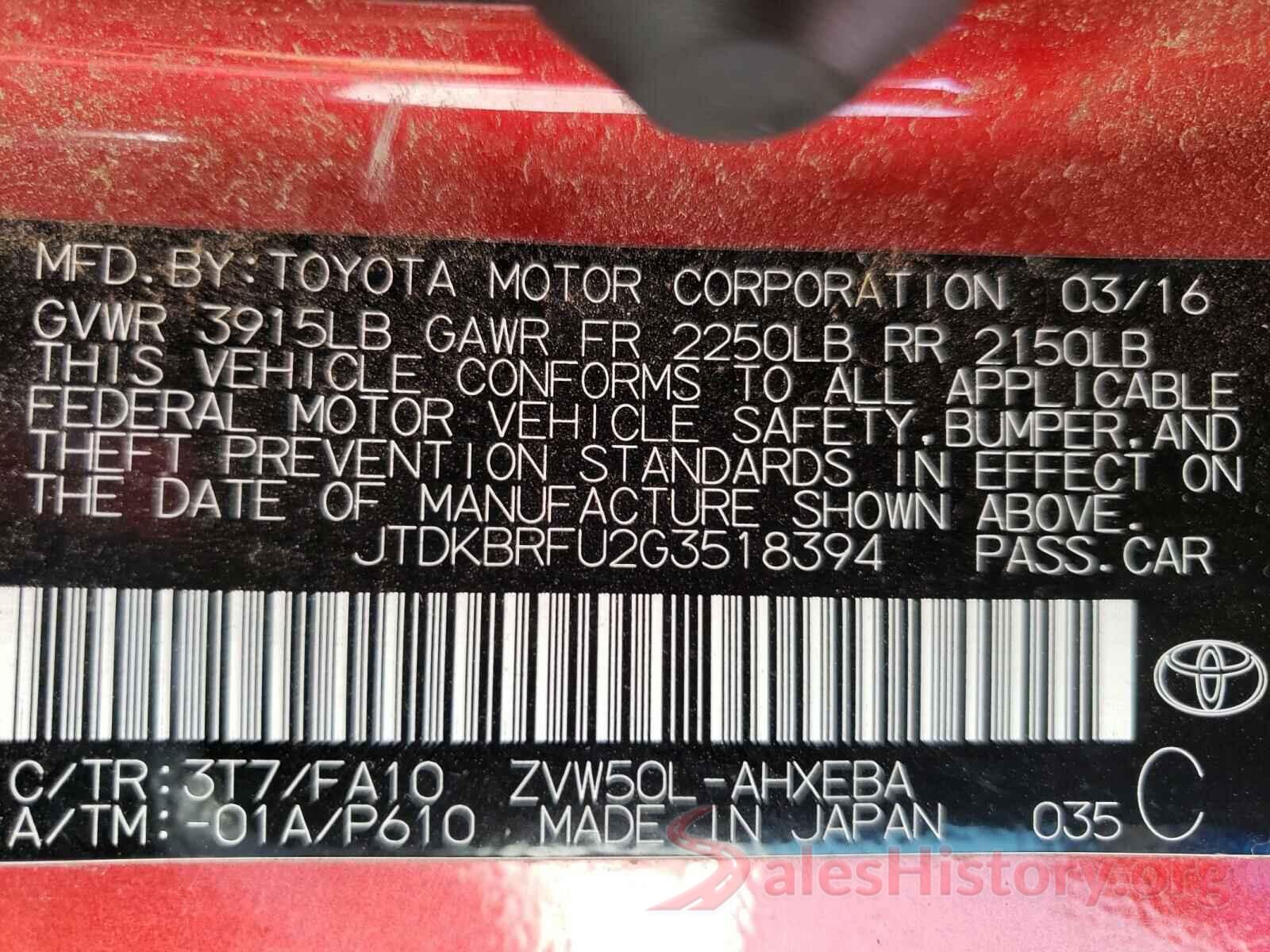 JTDKBRFU2G3518394 2016 TOYOTA PRIUS